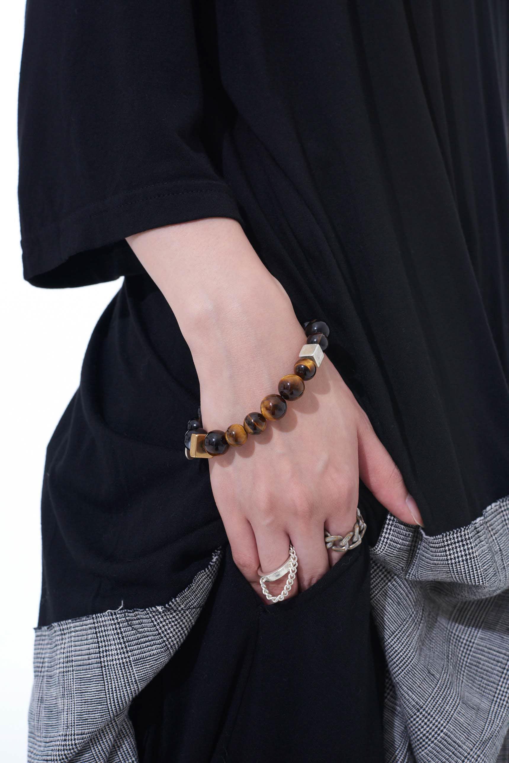 TIGER'S EYE+SMOKY QUARTZ BRASS BRACELET	