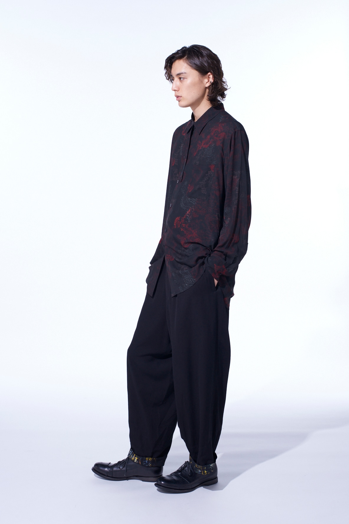 RAYON CRIMSON LACE PRINT REGULAR COLLAR SHIRT