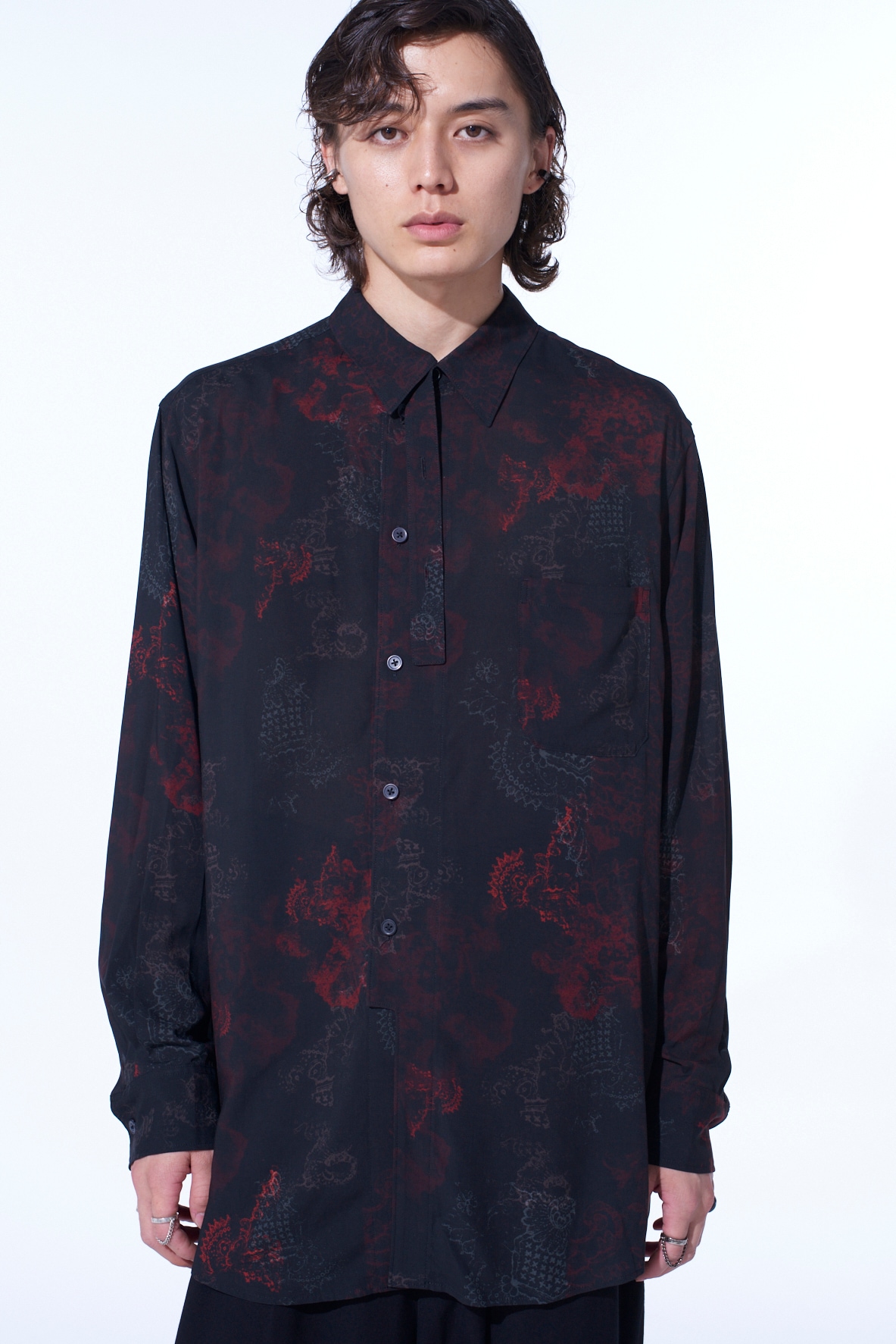 RAYON CRIMSON LACE PRINT REGULAR COLLAR SHIRT