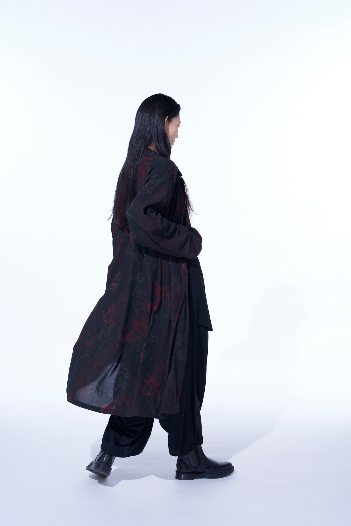 RAYON CRIMSON LACE PRINT OPEN-COLLAR LONG SHIRT