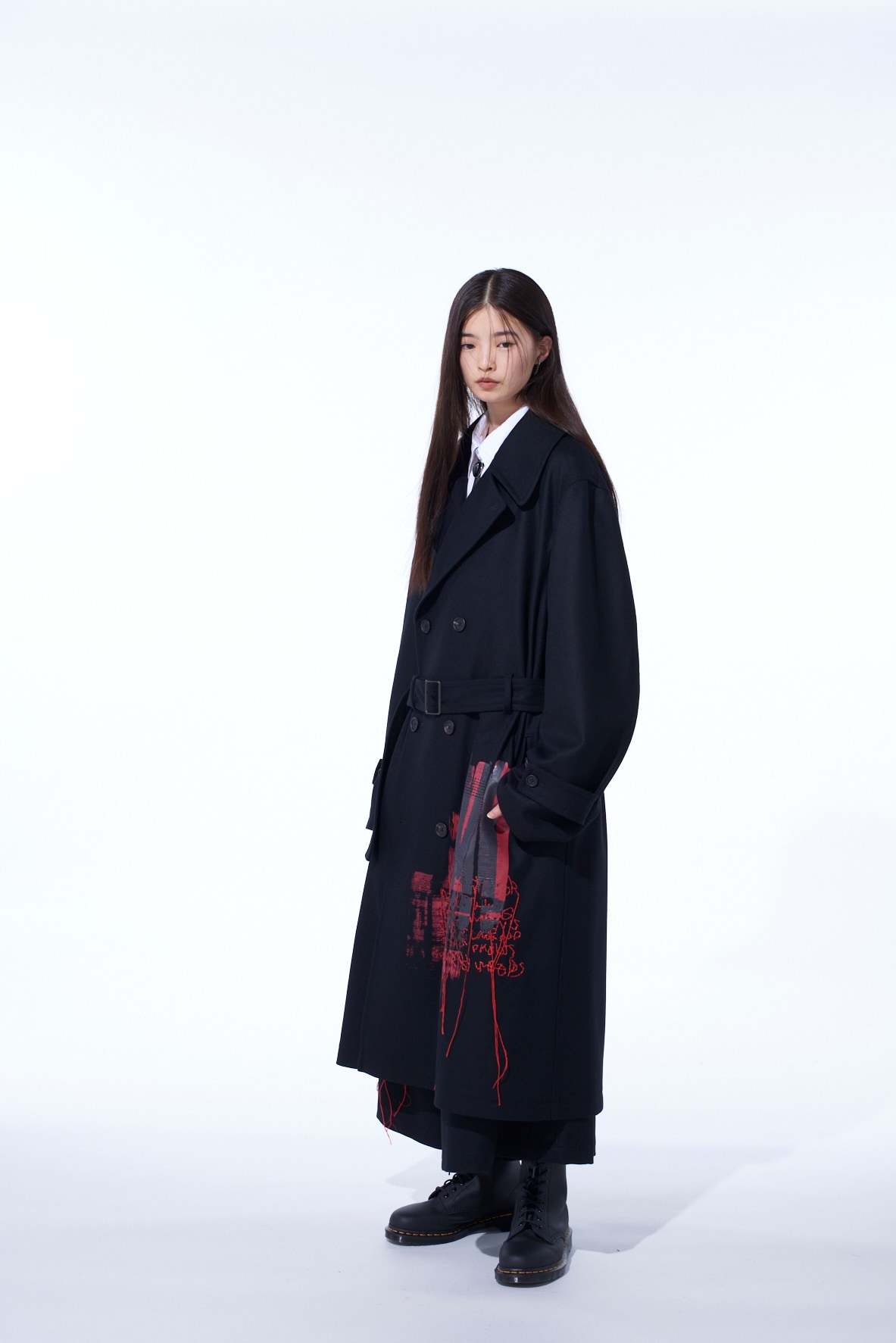 LAMB WOOL PRINTED MESSEGE EMBROIDERY TRENCH COAT