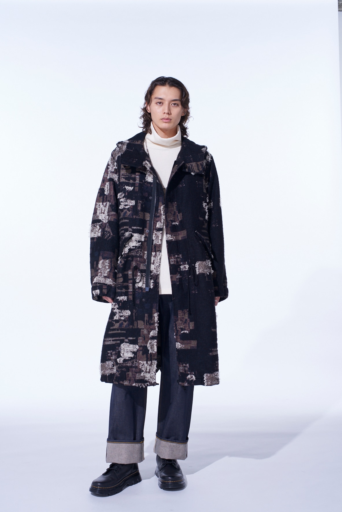 PATCHWORK CUT JACQUARD HOODED COAT