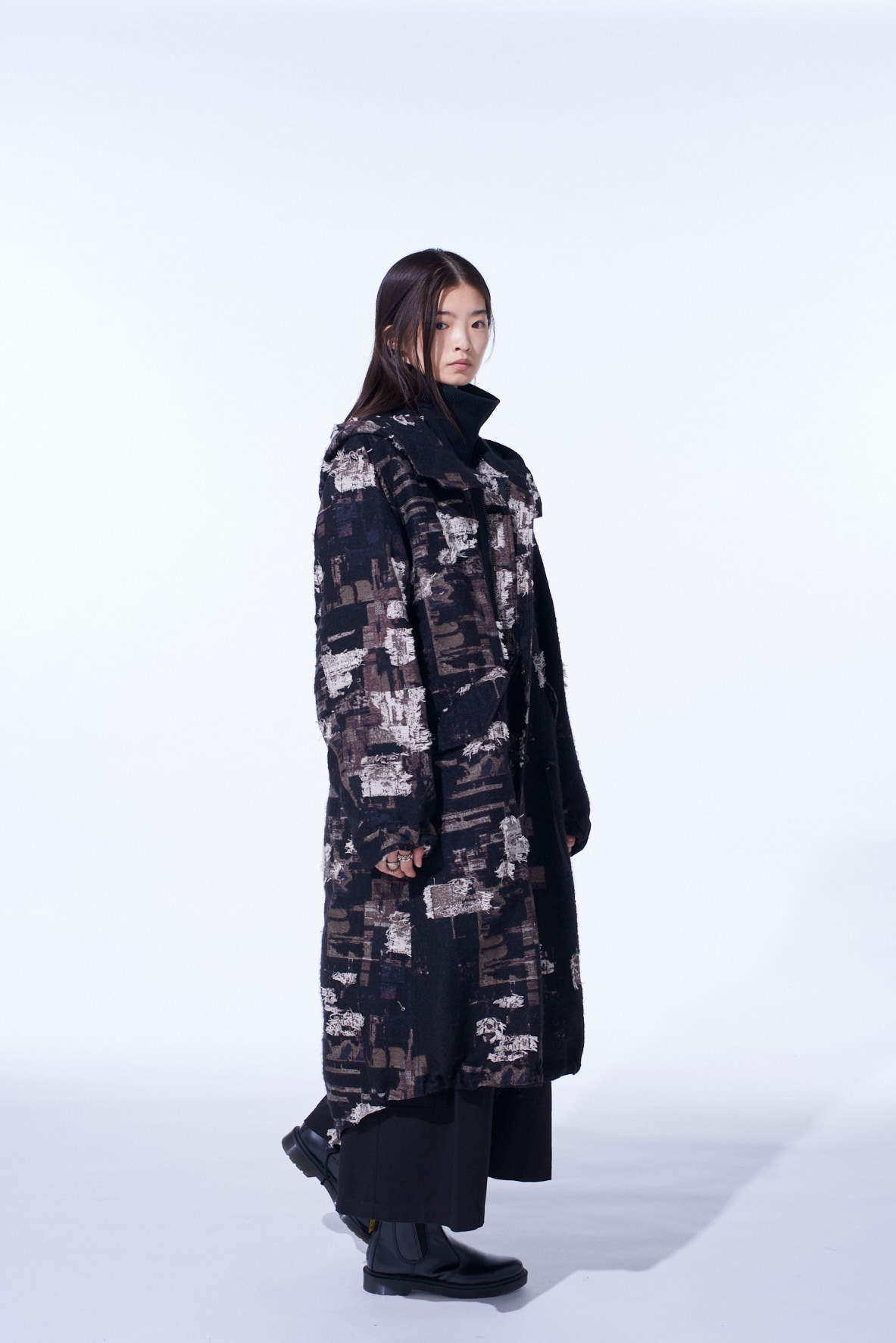 PATCHWORK CUT JACQUARD HOODED COAT