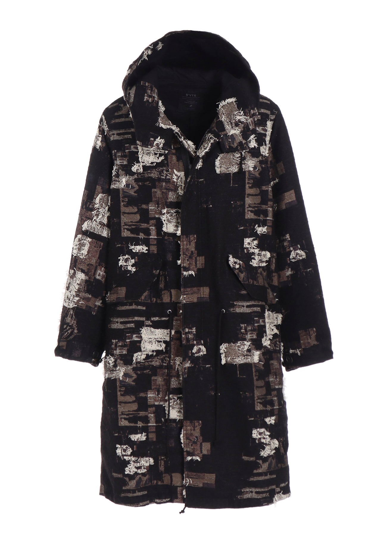 PATCHWORK CUT JACQUARD HOODED COAT