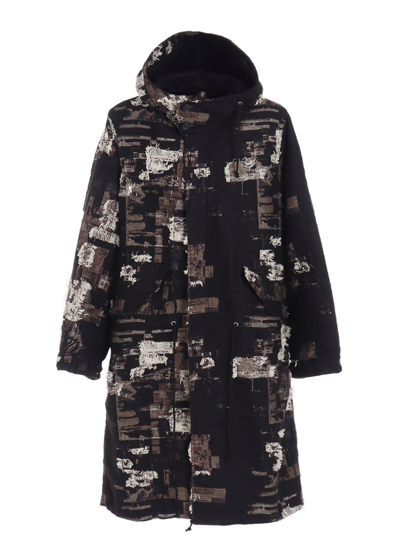 PATCHWORK CUT JACQUARD HOODED COAT