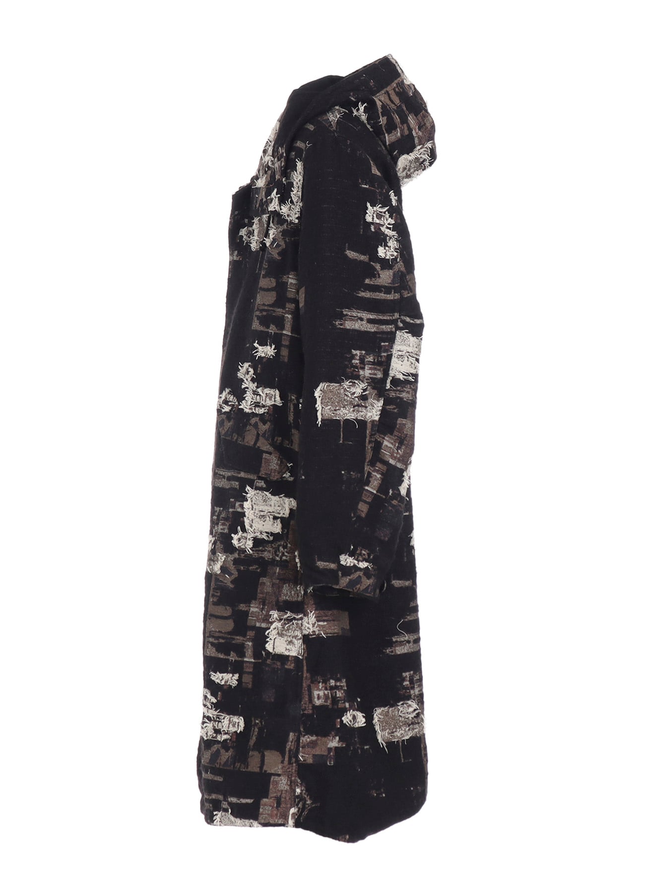 PATCHWORK CUT JACQUARD HOODED COAT