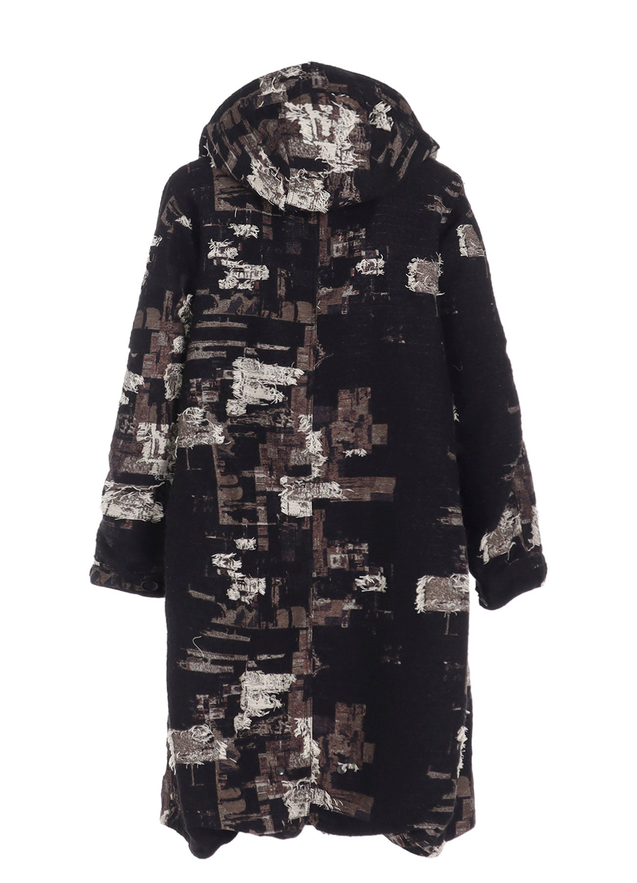 PATCHWORK CUT JACQUARD HOODED COAT