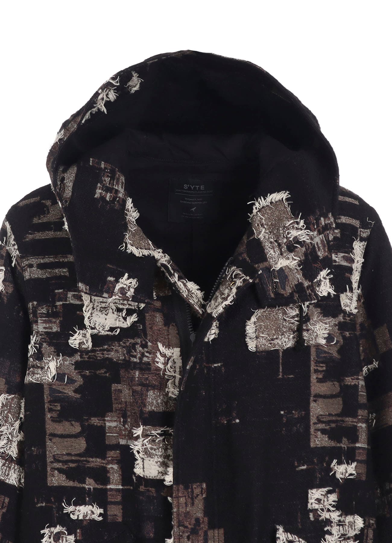 PATCHWORK CUT JACQUARD HOODED COAT