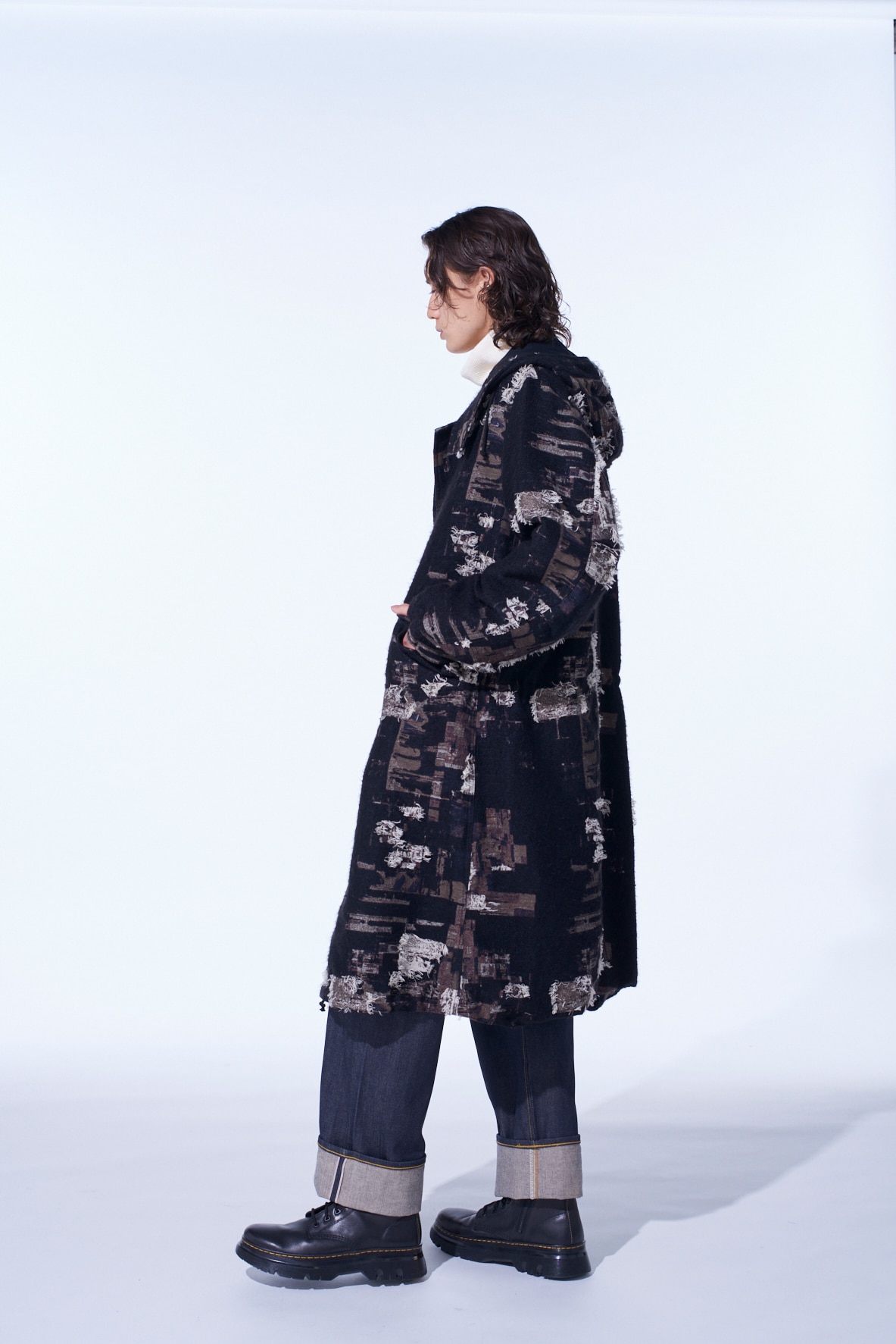 PATCHWORK CUT JACQUARD HOODED COAT