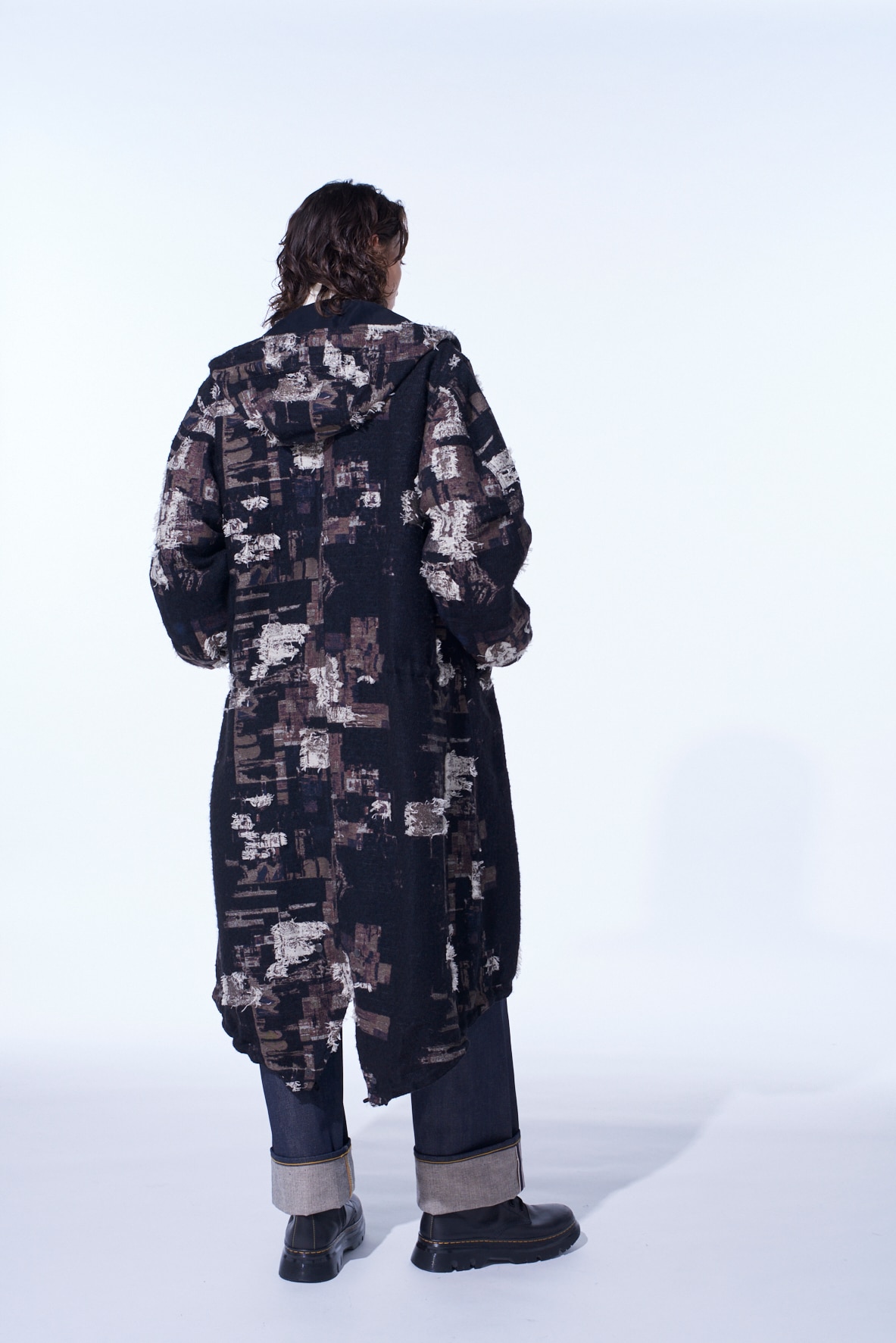 PATCHWORK CUT JACQUARD HOODED COAT