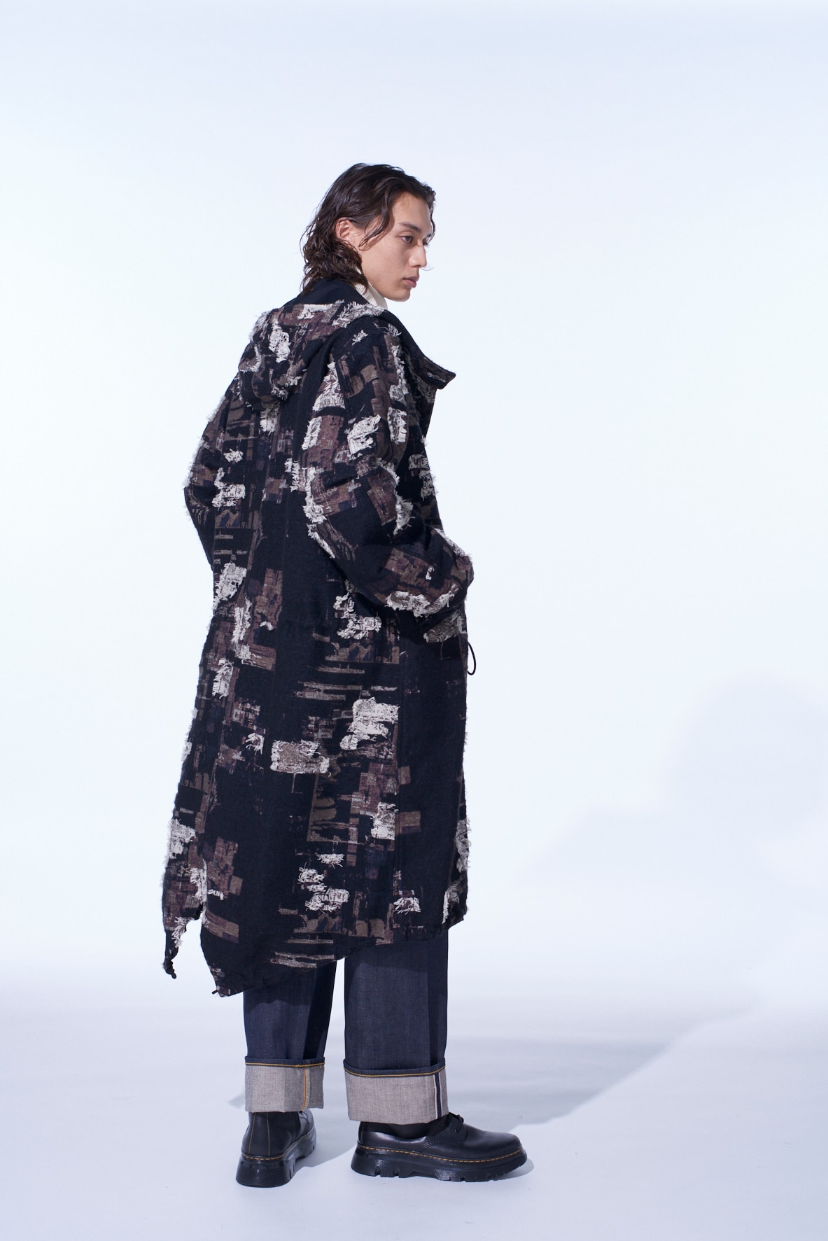 PATCHWORK CUT JACQUARD HOODED COAT