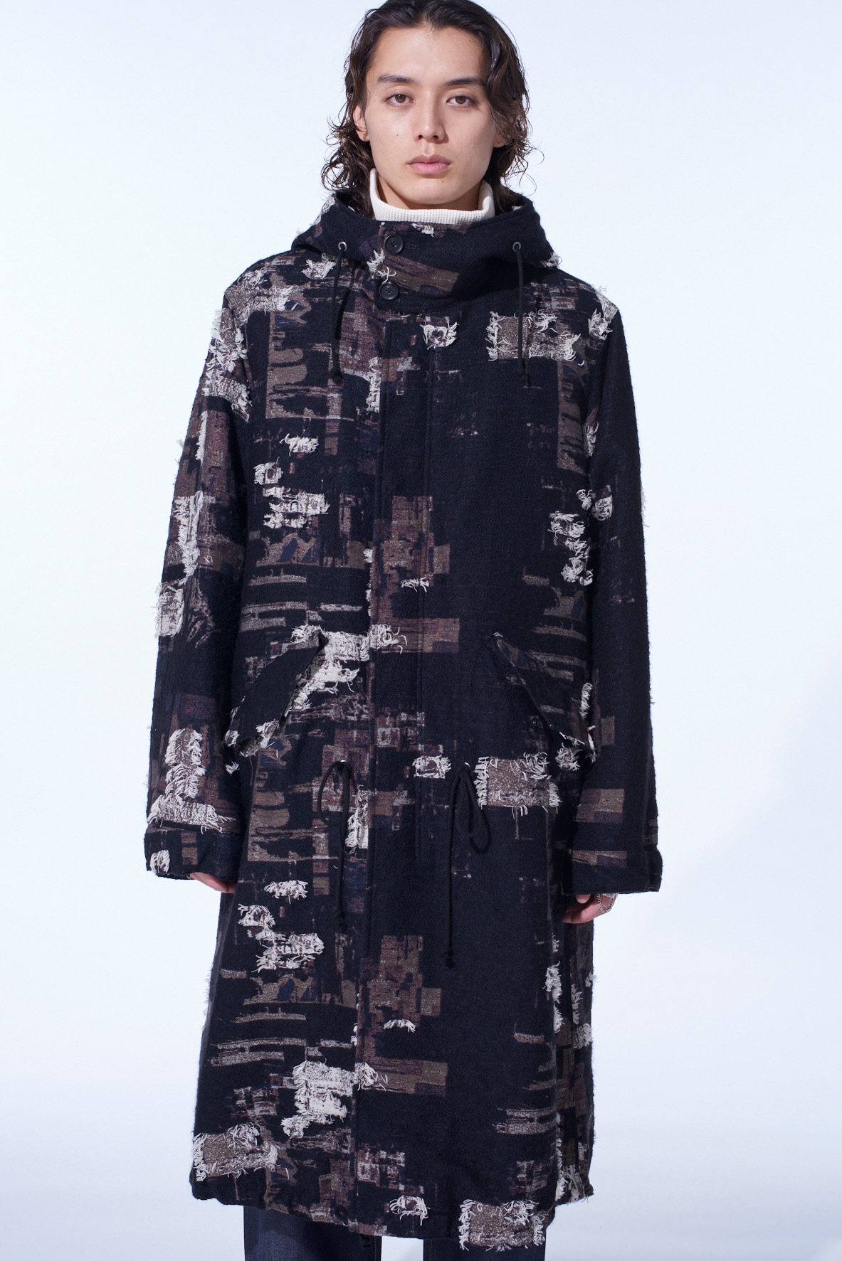 PATCHWORK CUT JACQUARD HOODED COAT