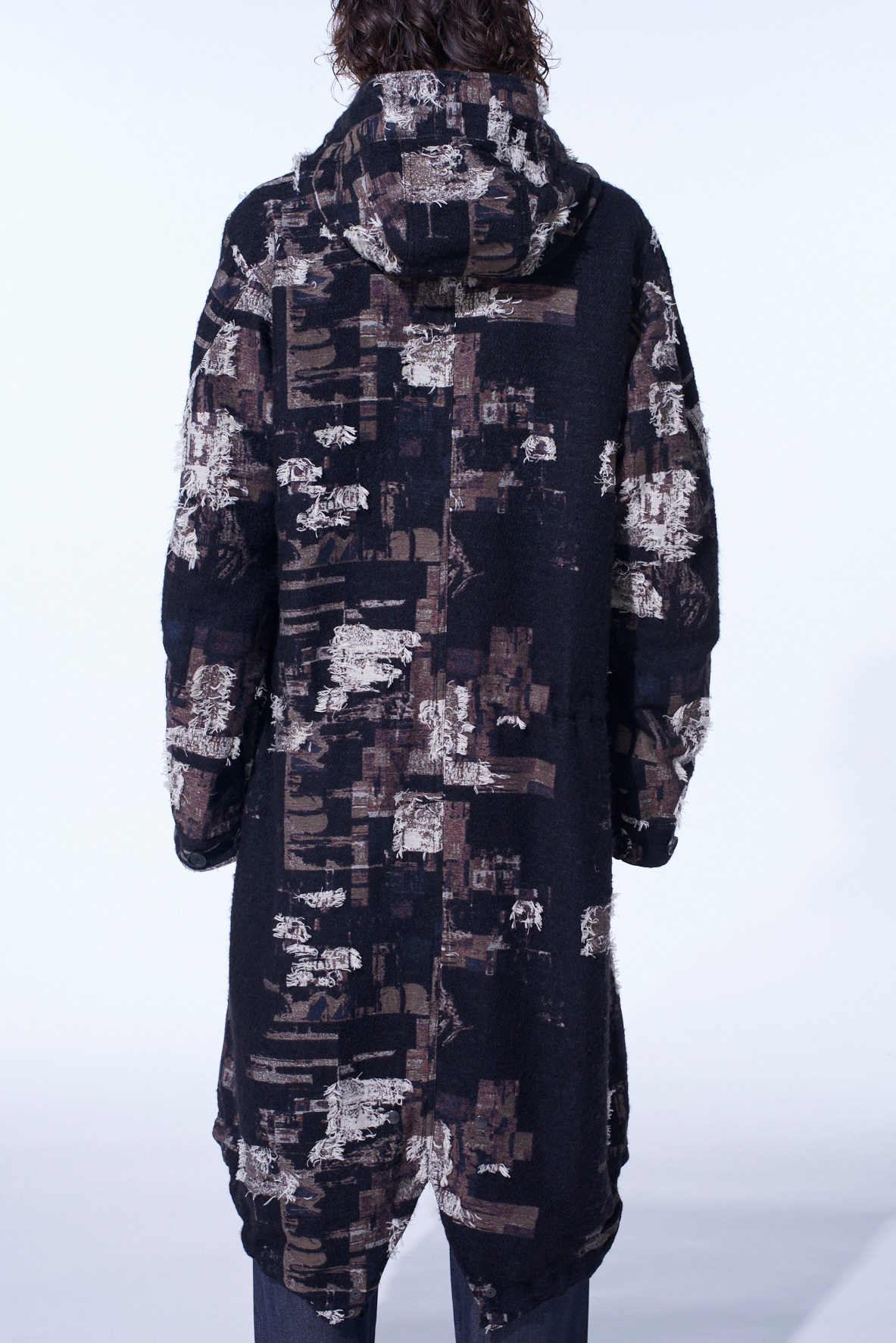PATCHWORK CUT JACQUARD HOODED COAT