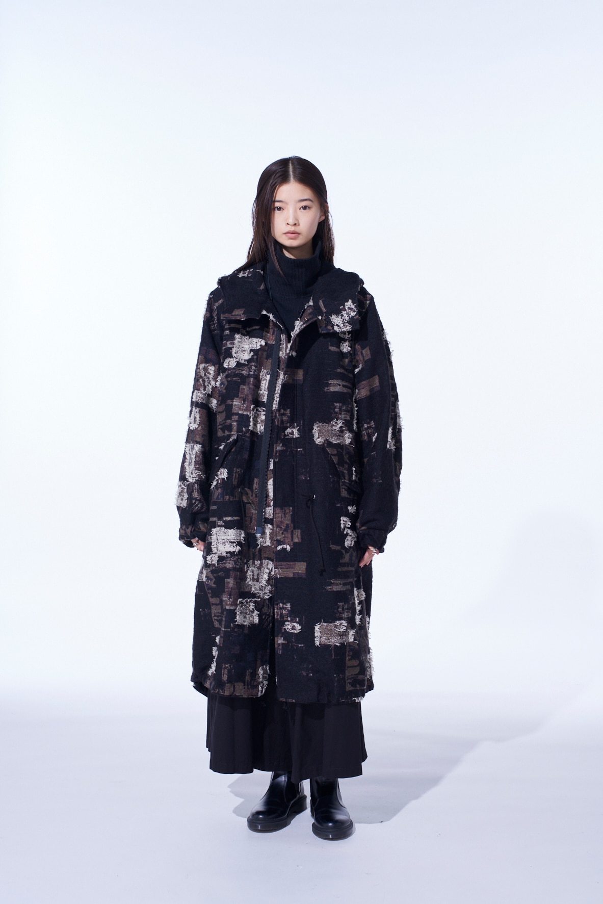PATCHWORK CUT JACQUARD HOODED COAT
