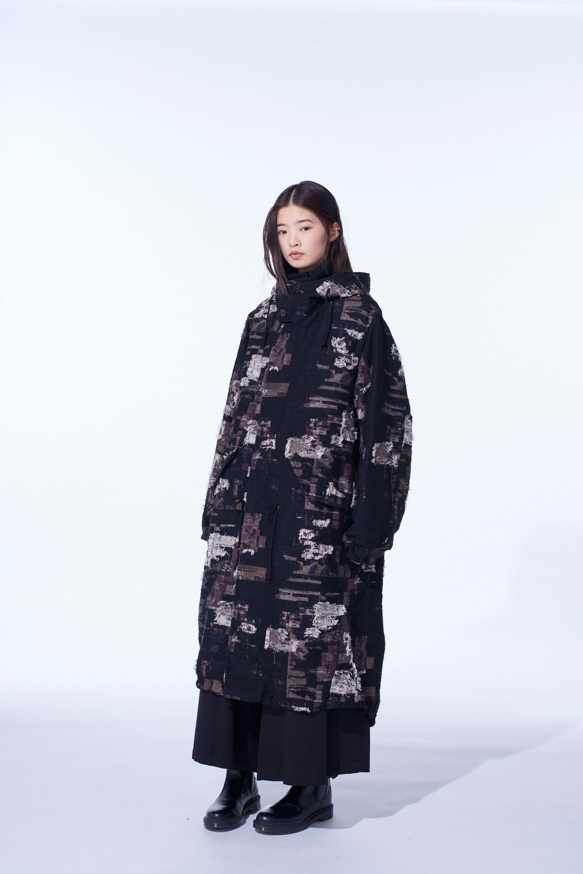 PATCHWORK CUT JACQUARD HOODED COAT