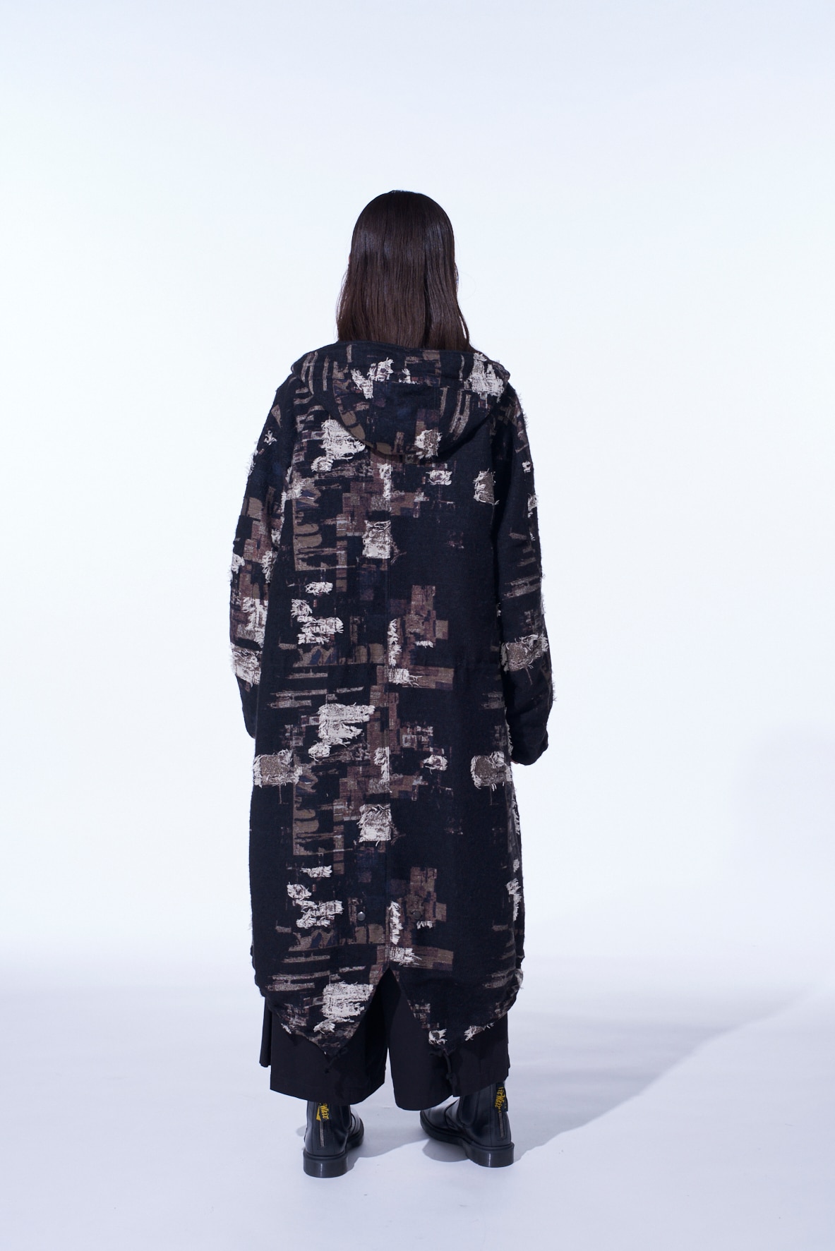 PATCHWORK CUT JACQUARD HOODED COAT