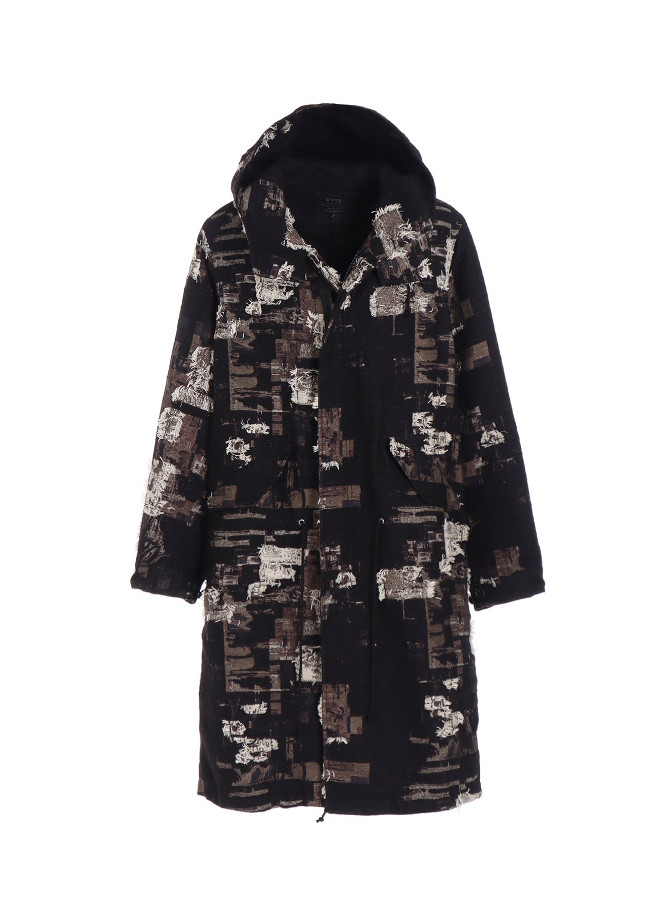 PATCHWORK CUT JACQUARD HOODED COAT