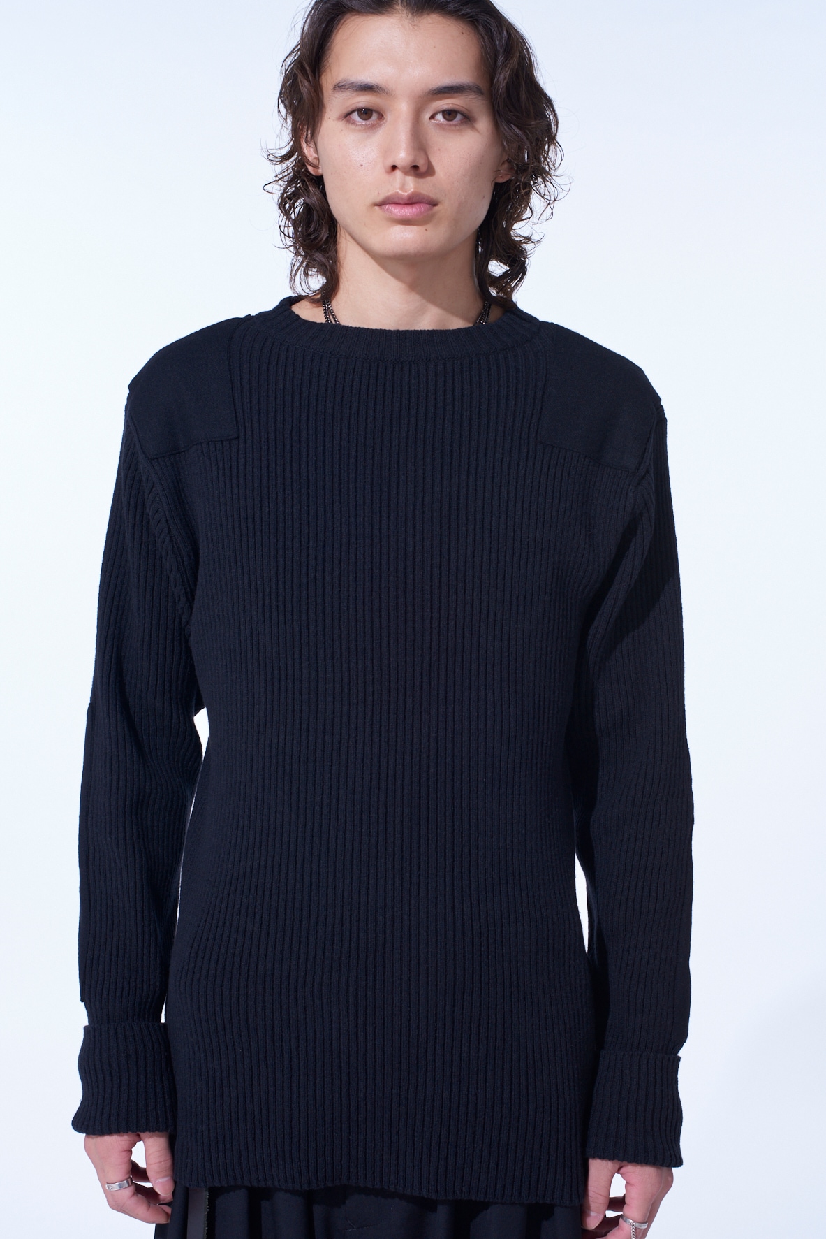 7G WOOL COTTON RIB PULLOVER WITH FLANNEL SHOULDER AND ELBOW PATCHES