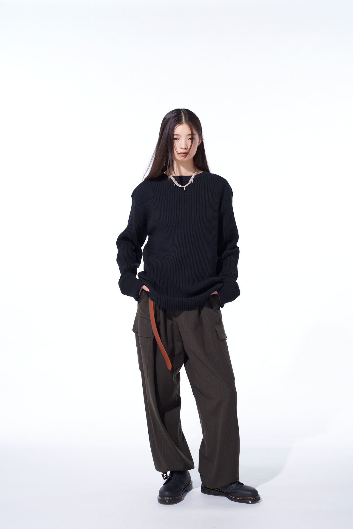 7G WOOL COTTON RIB PULLOVER WITH FLANNEL SHOULDER AND ELBOW PATCHES