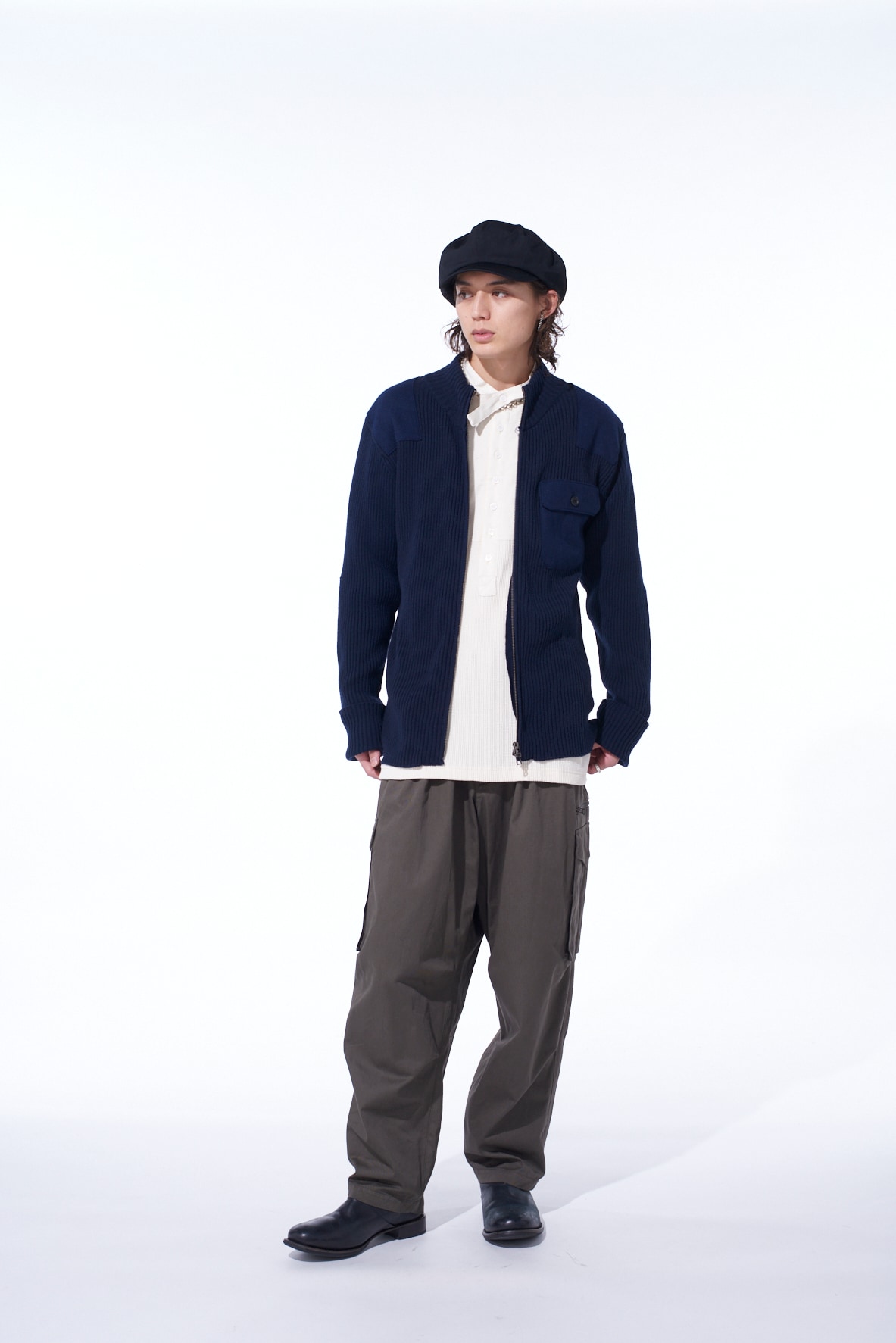 7G WOOL COTTON RIB ZIP-UP  WITH FLANNEL SHOULDER AND ELBOW PATCHES