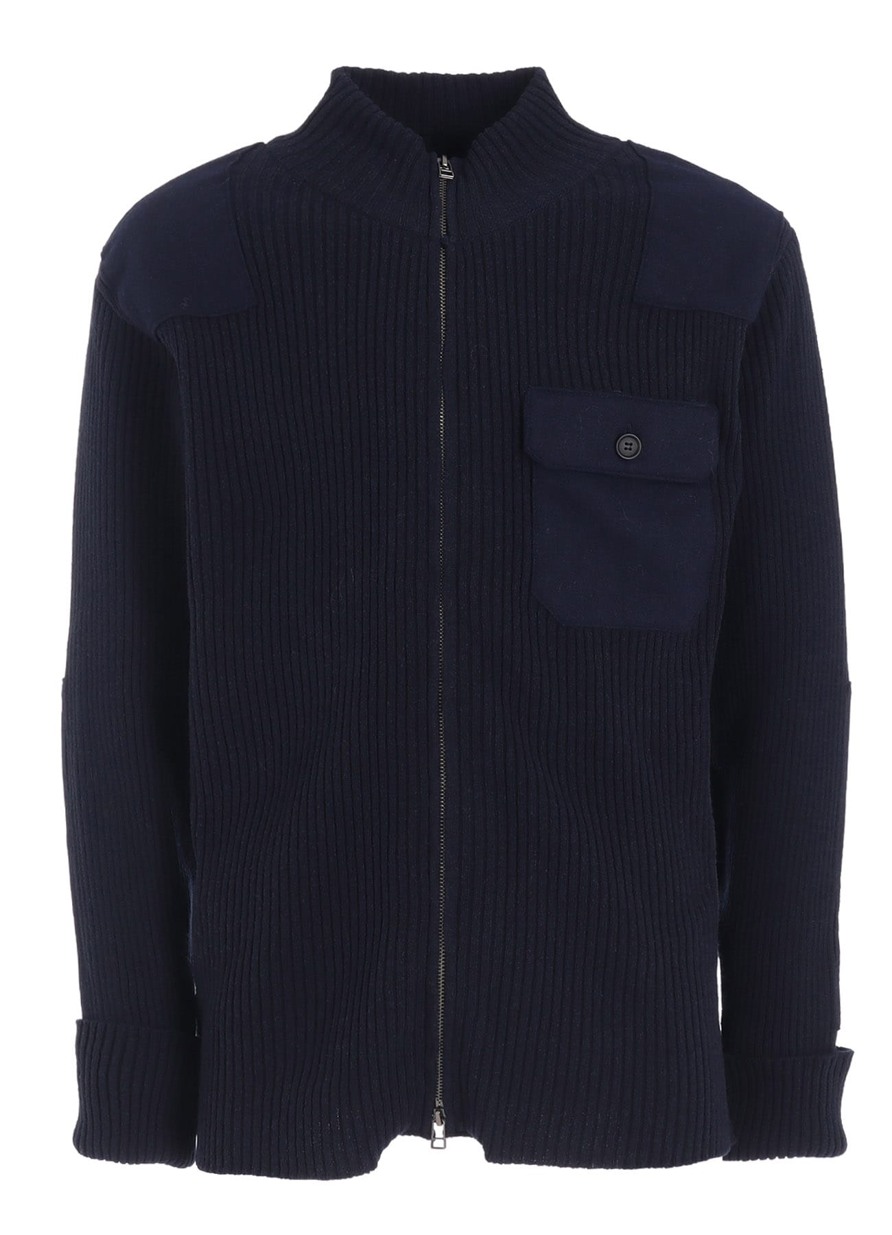 7G WOOL COTTON RIB ZIP-UP  WITH FLANNEL SHOULDER AND ELBOW PATCHES