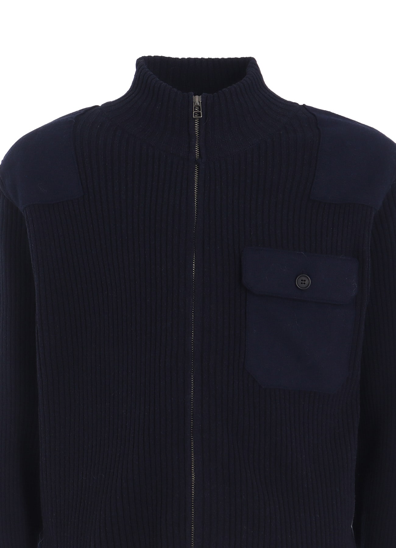 7G WOOL COTTON RIB ZIP-UP  WITH FLANNEL SHOULDER AND ELBOW PATCHES