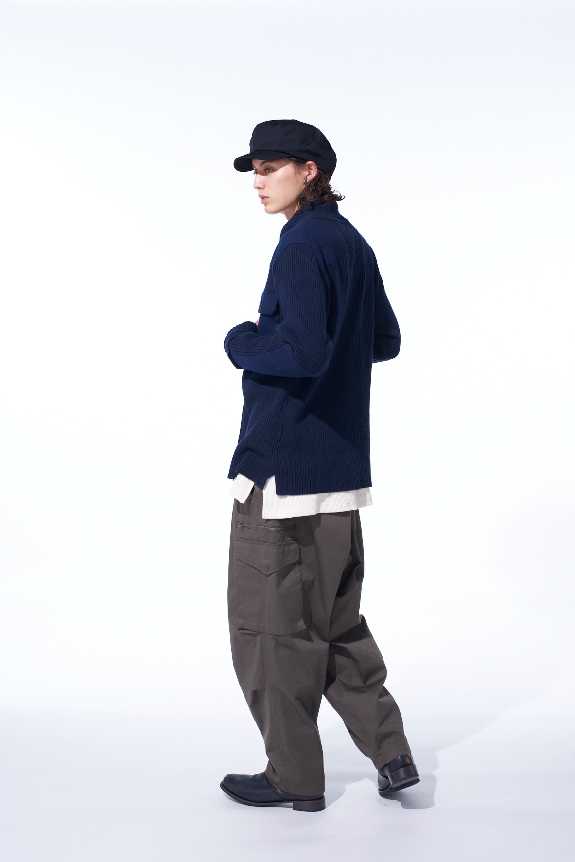 7G WOOL COTTON RIB ZIP-UP  WITH FLANNEL SHOULDER AND ELBOW PATCHES