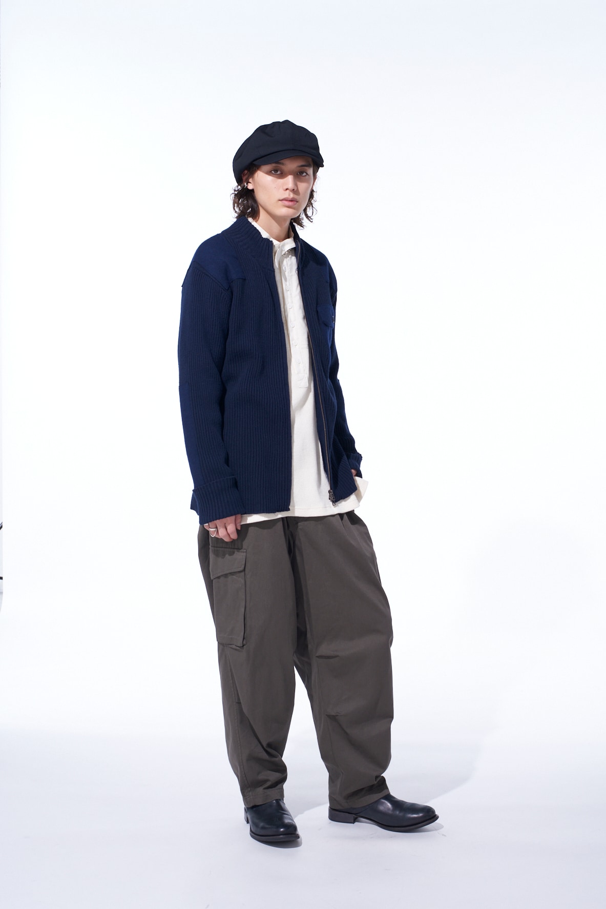 7G WOOL COTTON RIB ZIP-UP  WITH FLANNEL SHOULDER AND ELBOW PATCHES