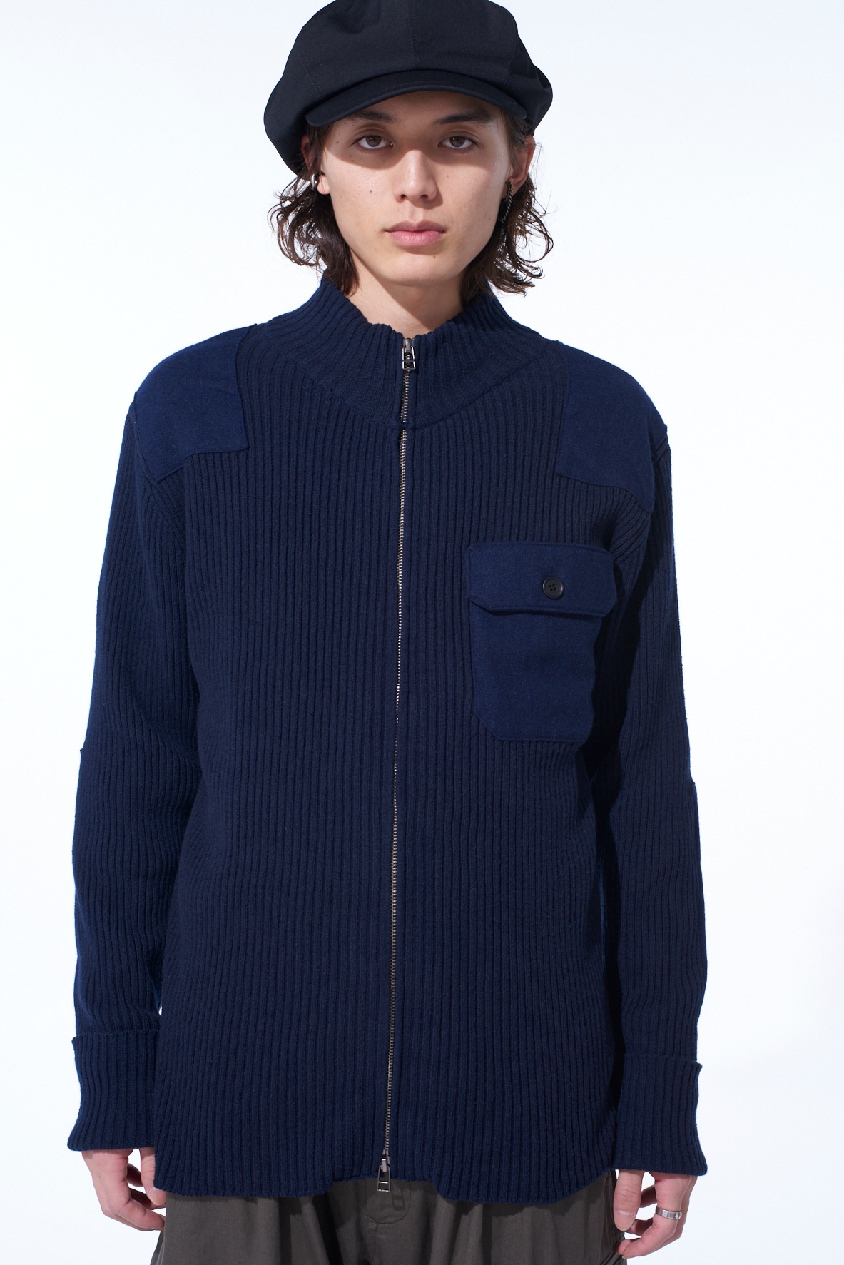 7G WOOL COTTON RIB ZIP-UP  WITH FLANNEL SHOULDER AND ELBOW PATCHES