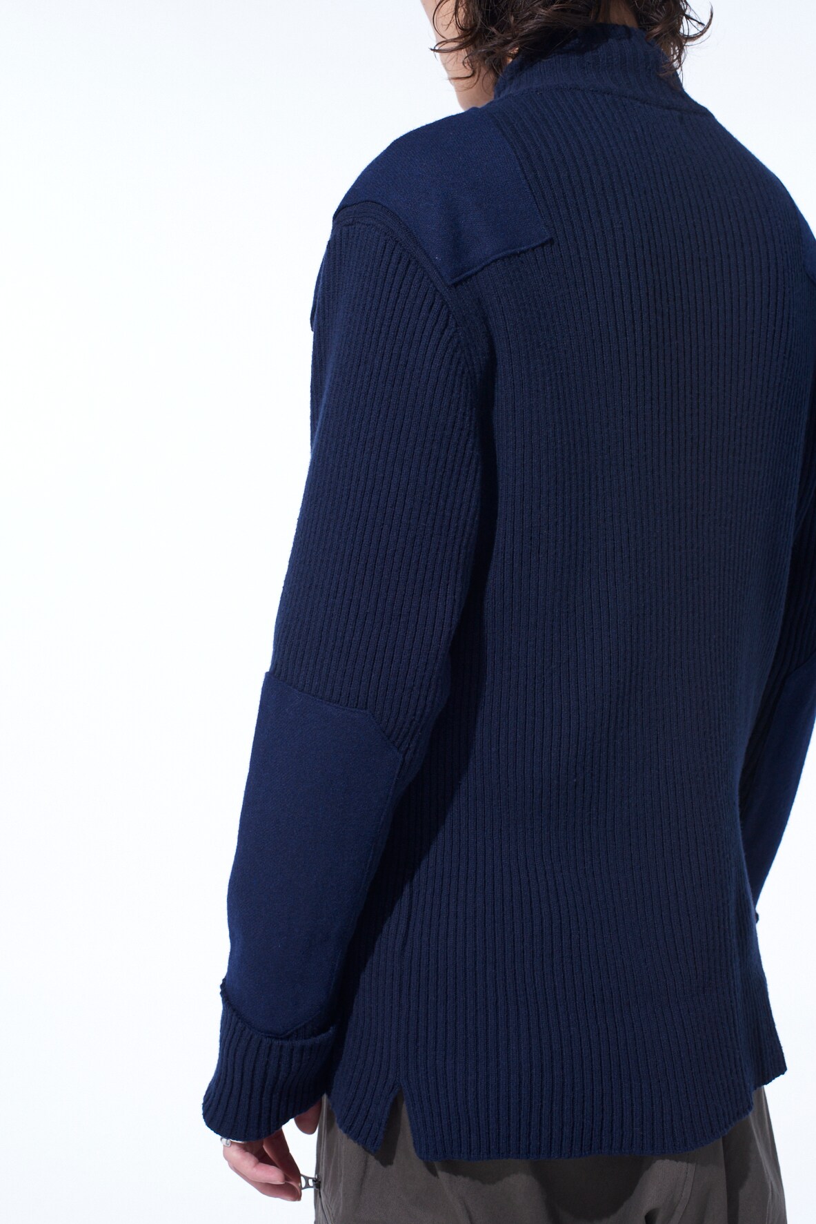 7G WOOL COTTON RIB ZIP-UP  WITH FLANNEL SHOULDER AND ELBOW PATCHES