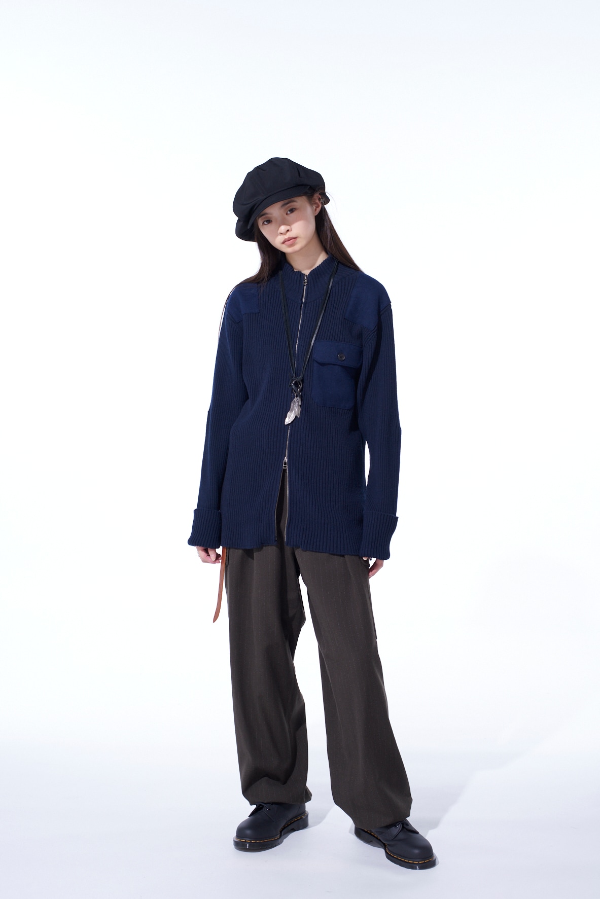 7G WOOL COTTON RIB ZIP-UP  WITH FLANNEL SHOULDER AND ELBOW PATCHES