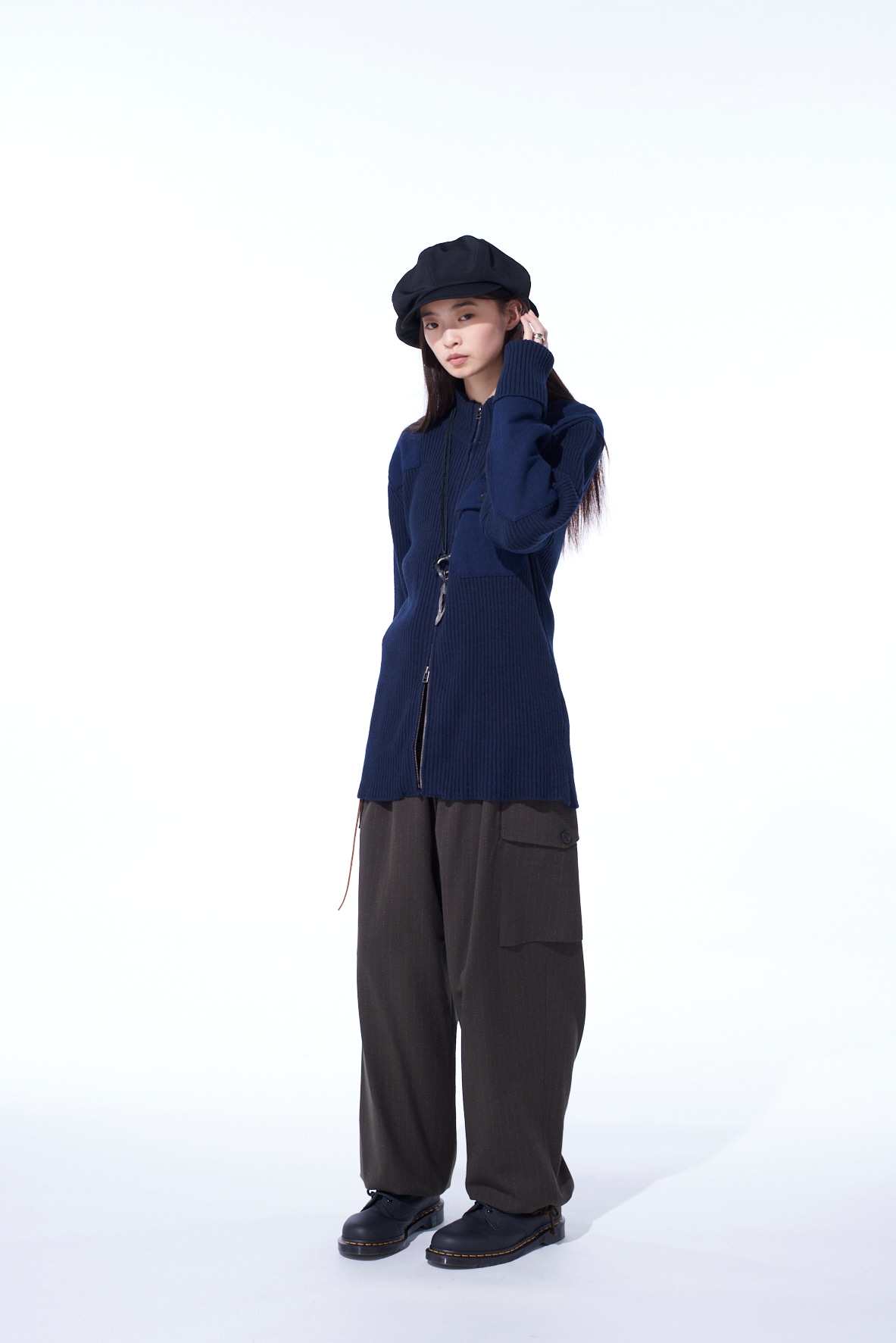 7G WOOL COTTON RIB ZIP-UP  WITH FLANNEL SHOULDER AND ELBOW PATCHES