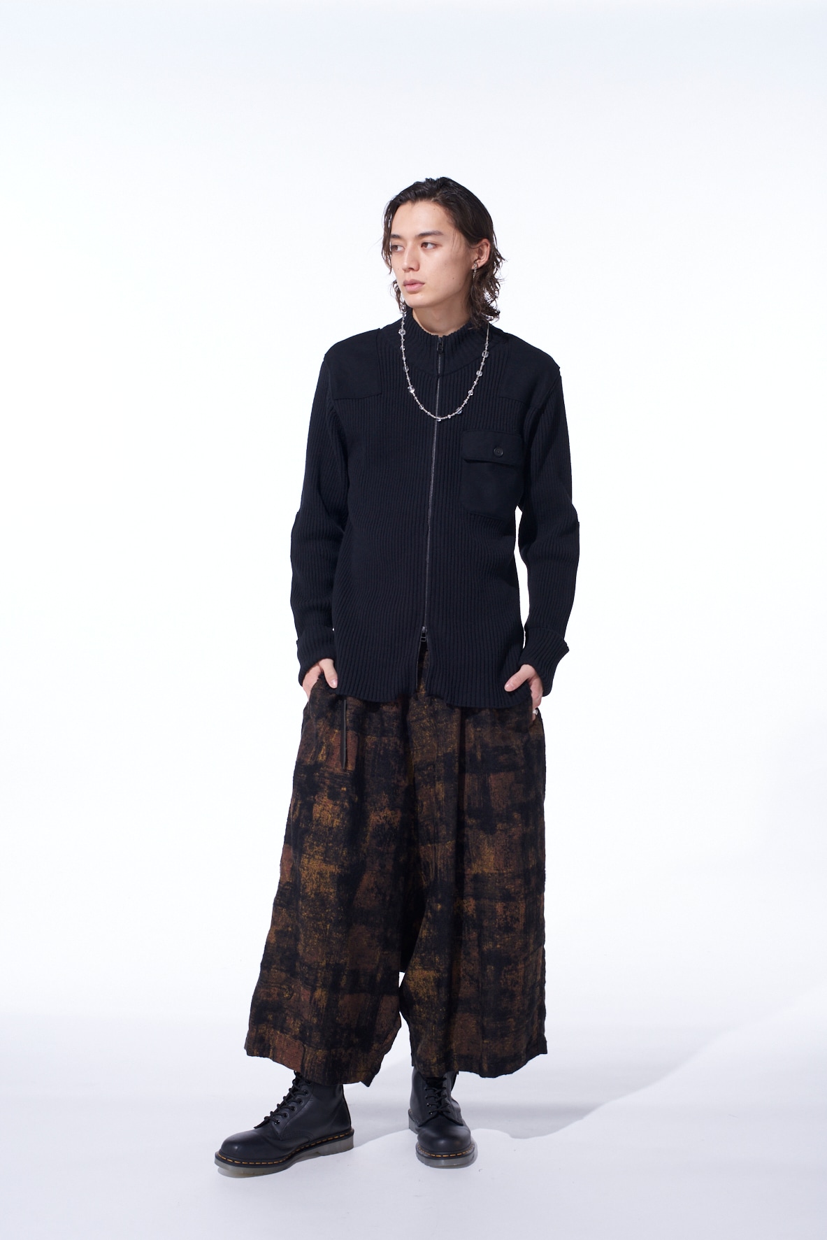 7G WOOL COTTON RIB ZIP-UP  WITH FLANNEL SHOULDER AND ELBOW PATCHES