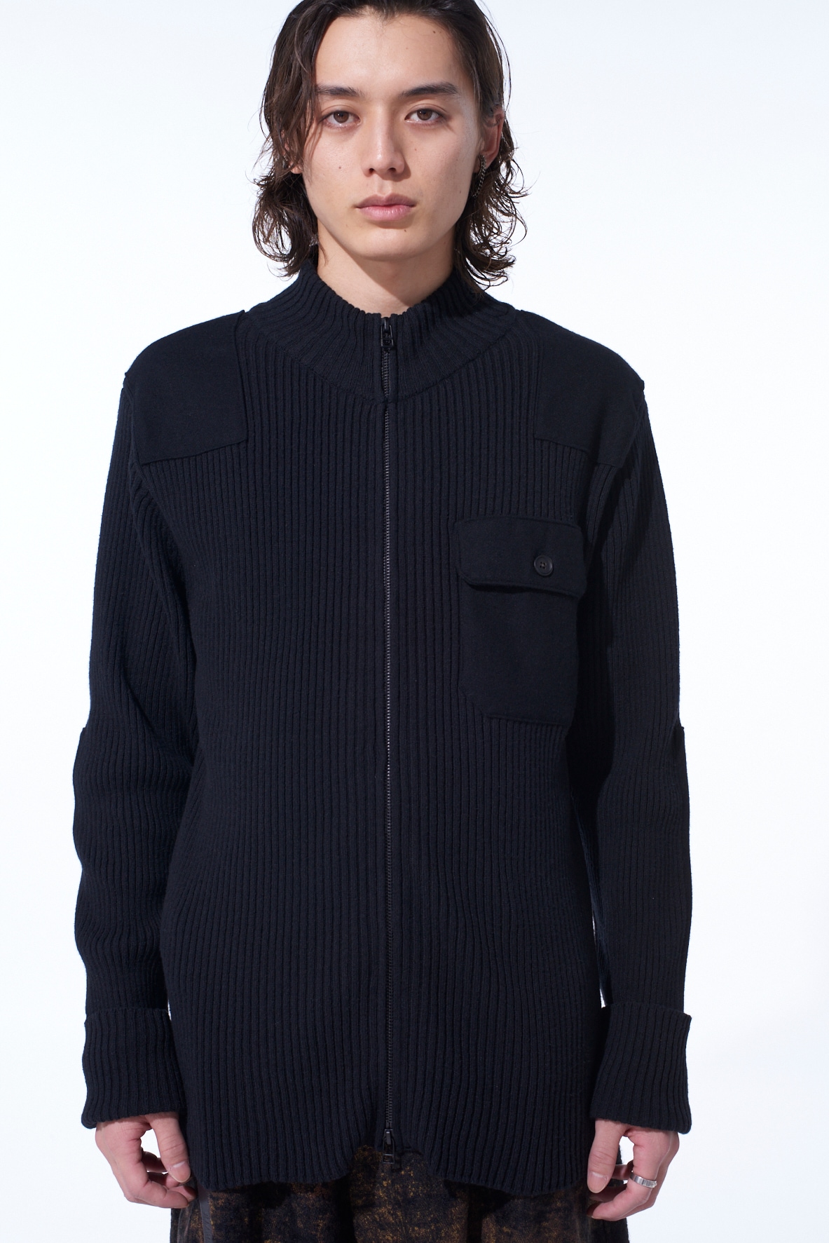 7G WOOL COTTON RIB ZIP-UP  WITH FLANNEL SHOULDER AND ELBOW PATCHES