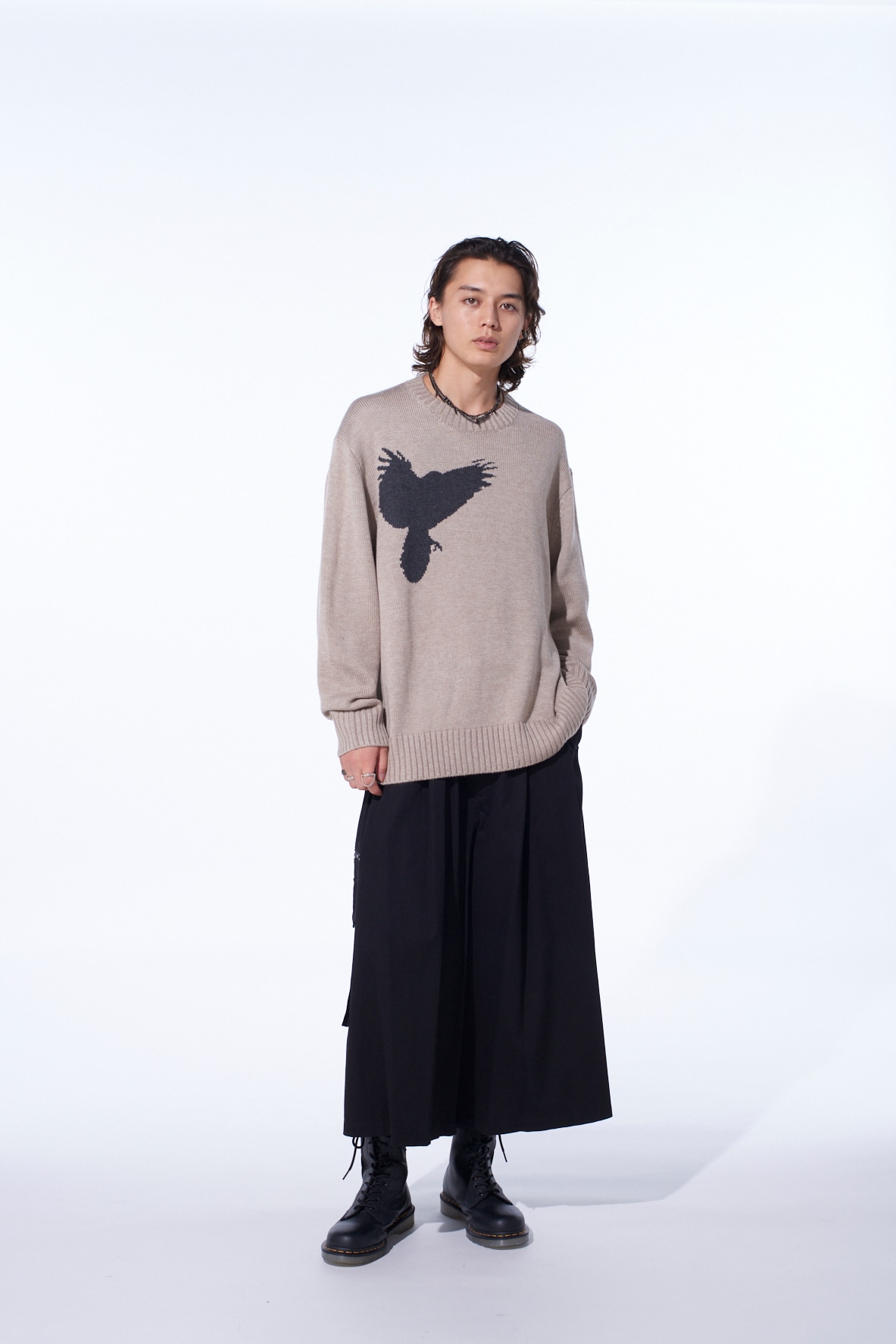 7G WOOL-BLEND INTARSIA CROW-PATTERN PULLOVER