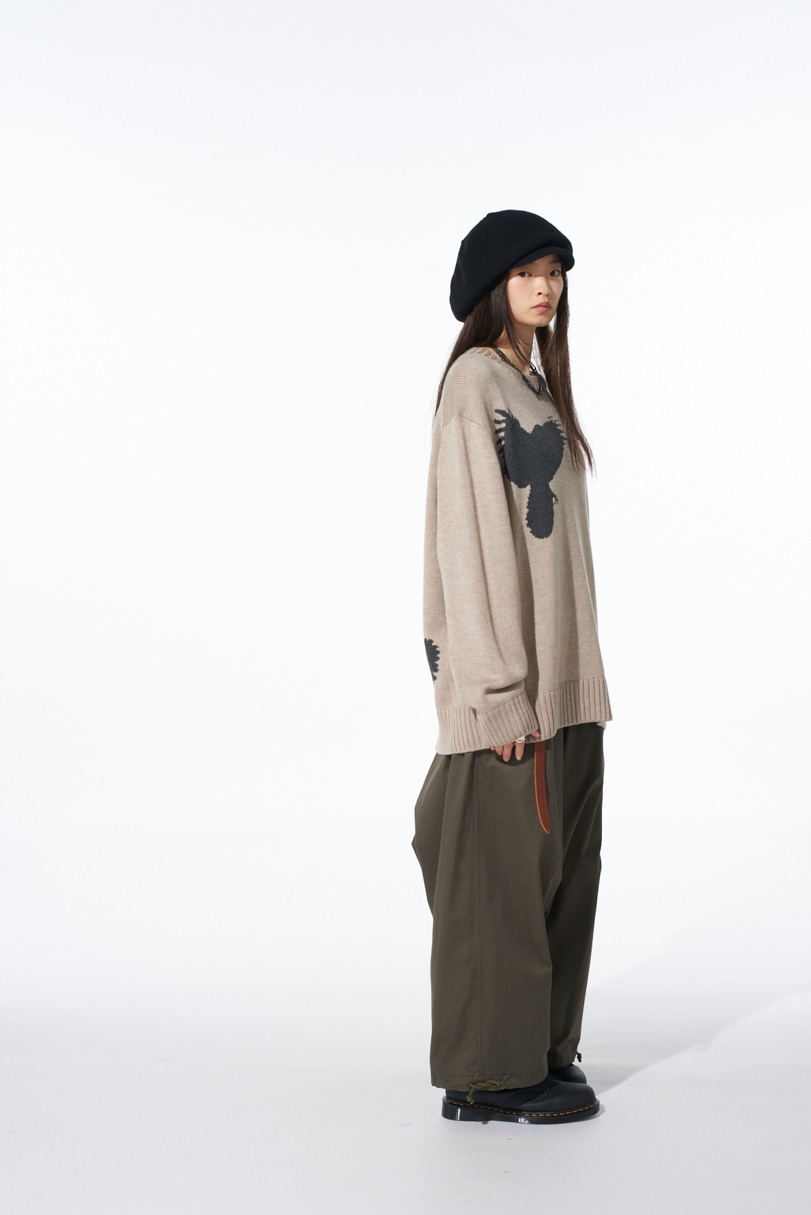 7G WOOL-BLEND INTARSIA CROW-PATTERN PULLOVER