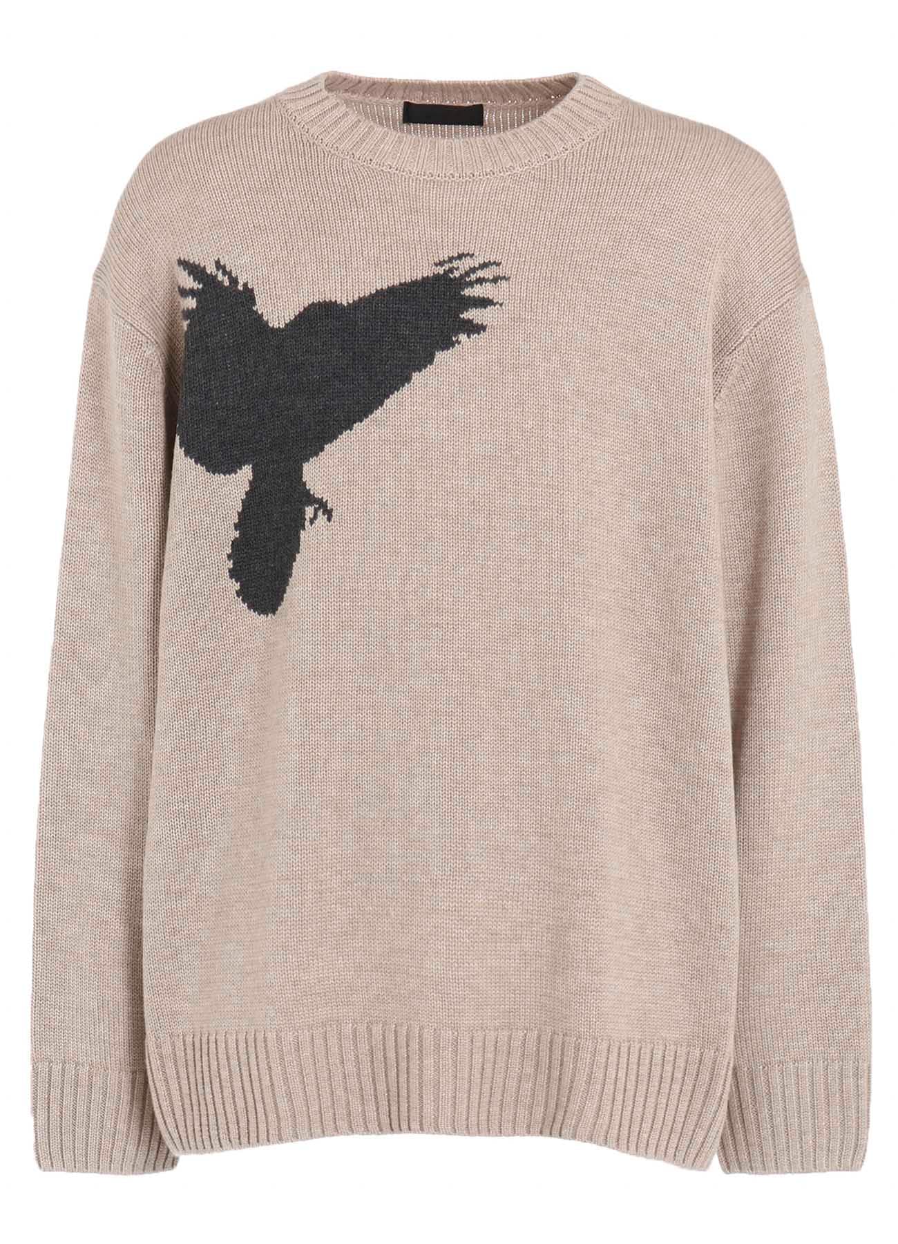 7G WOOL-BLEND INTARSIA CROW-PATTERN PULLOVER