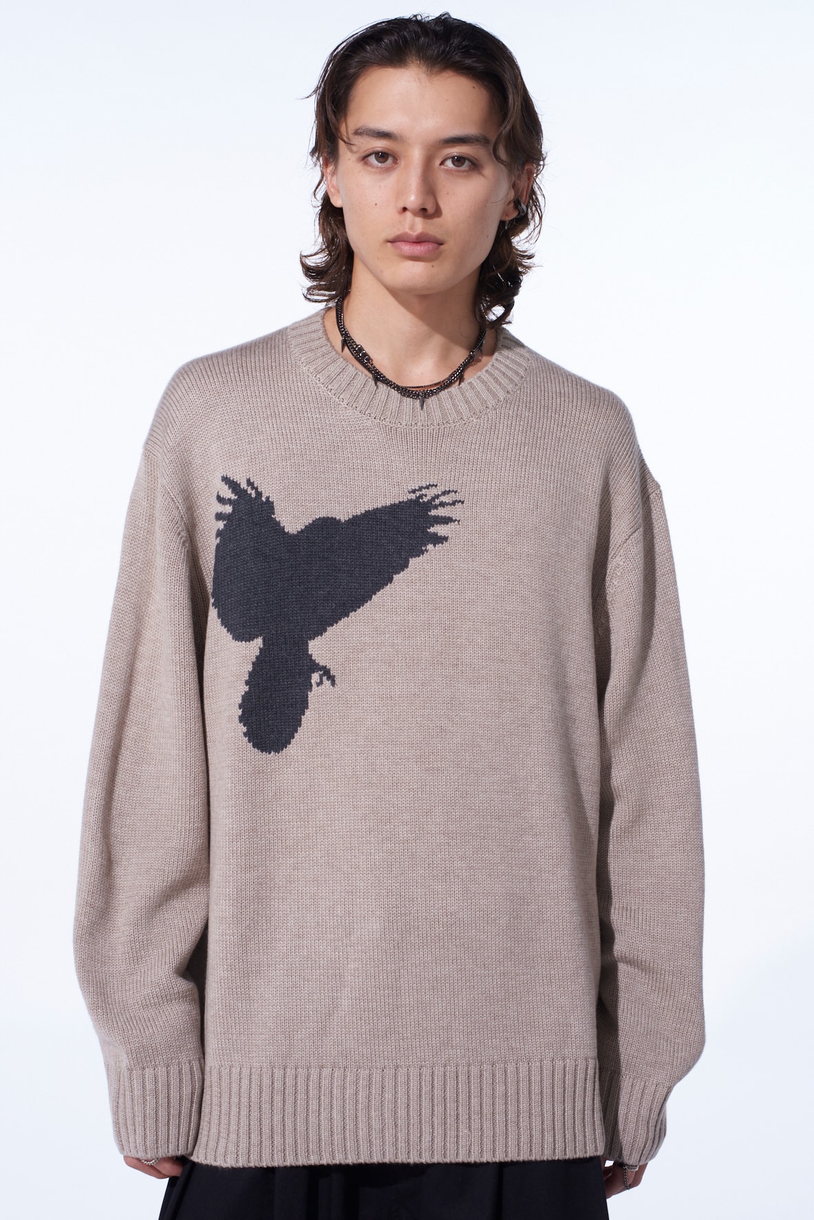 7G WOOL-BLEND INTARSIA CROW-PATTERN PULLOVER