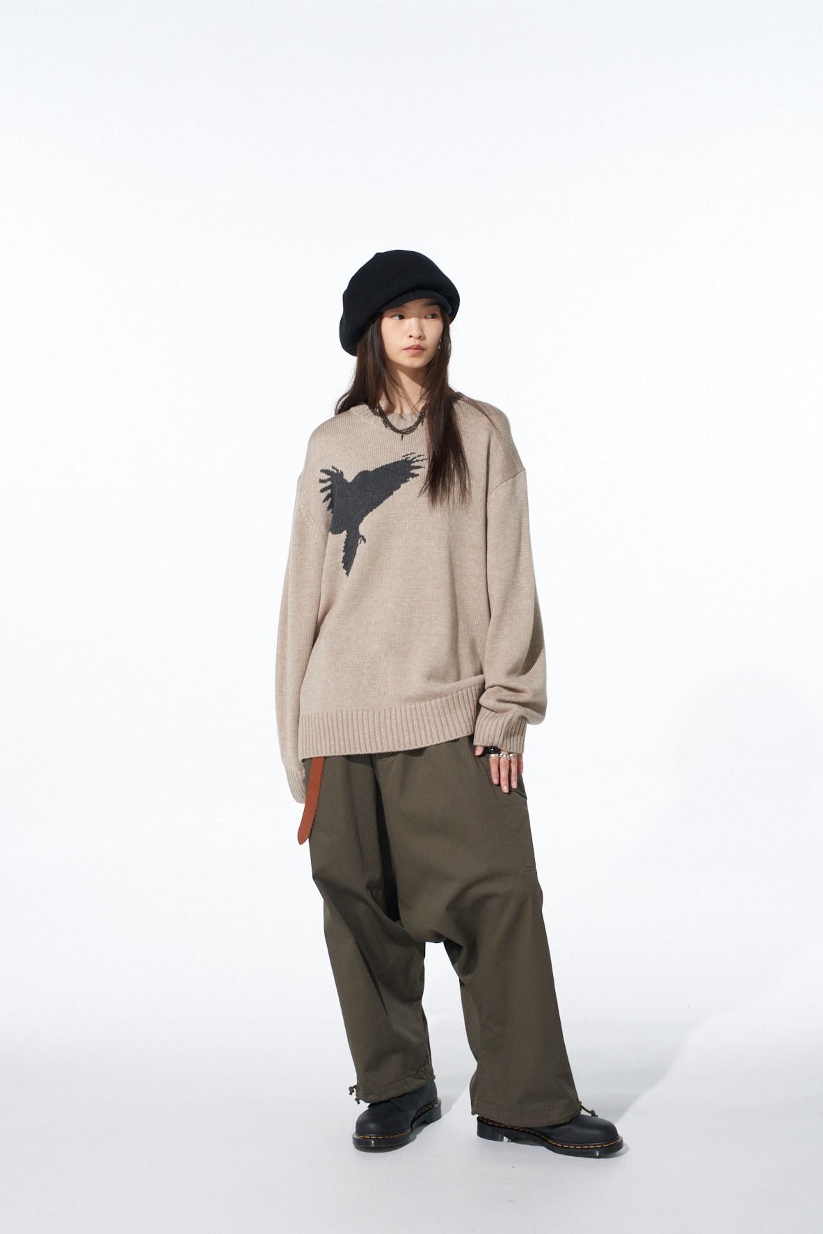 7G WOOL-BLEND INTARSIA CROW-PATTERN PULLOVER