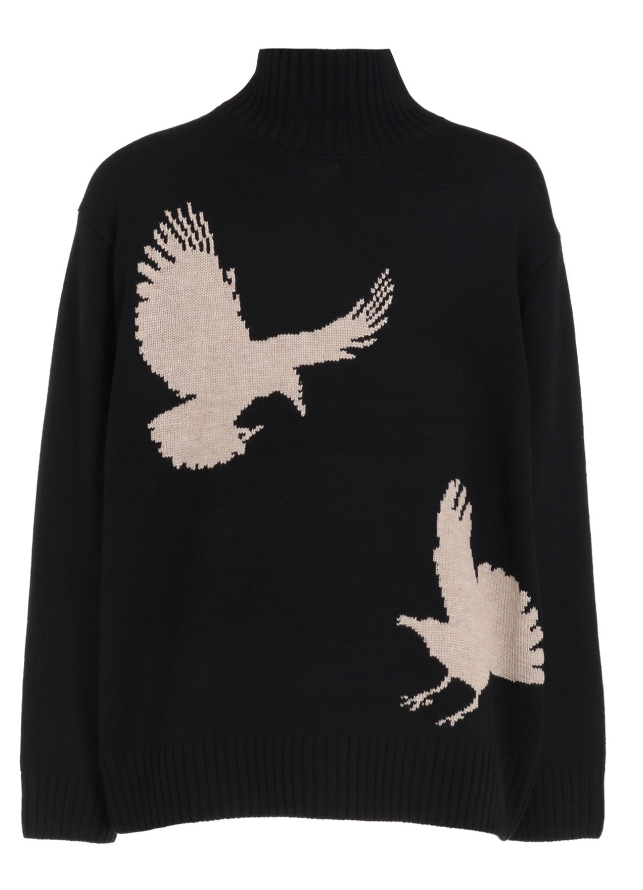 7G WOOL-BLEND INTARSIA CROW-PATTERN HIGH NECK KNIT