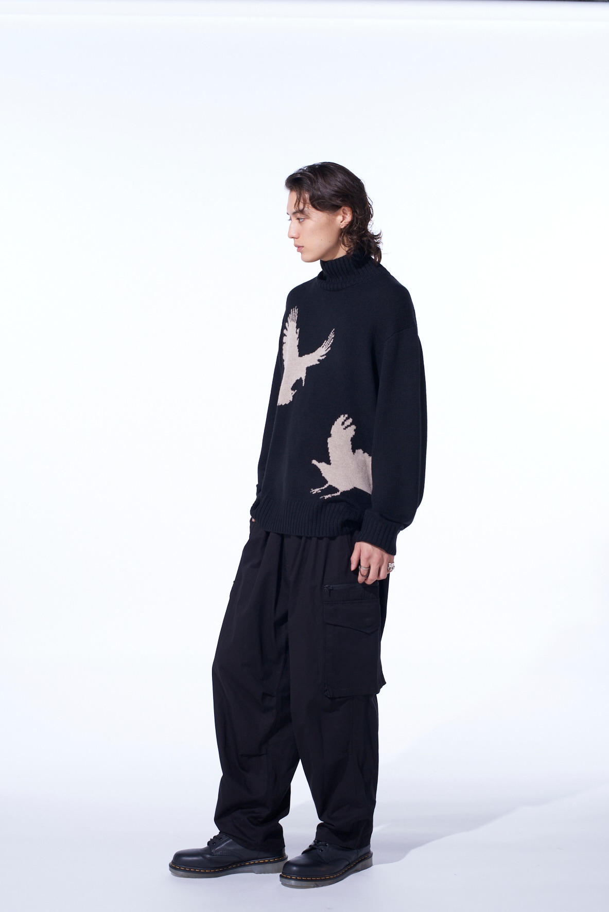 7G WOOL-BLEND INTARSIA CROW-PATTERN HIGH NECK KNIT