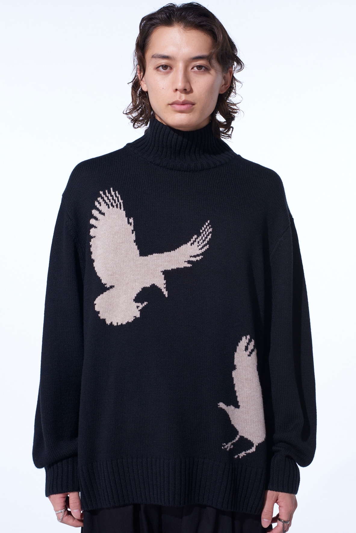 7G WOOL-BLEND INTARSIA CROW-PATTERN HIGH NECK KNIT