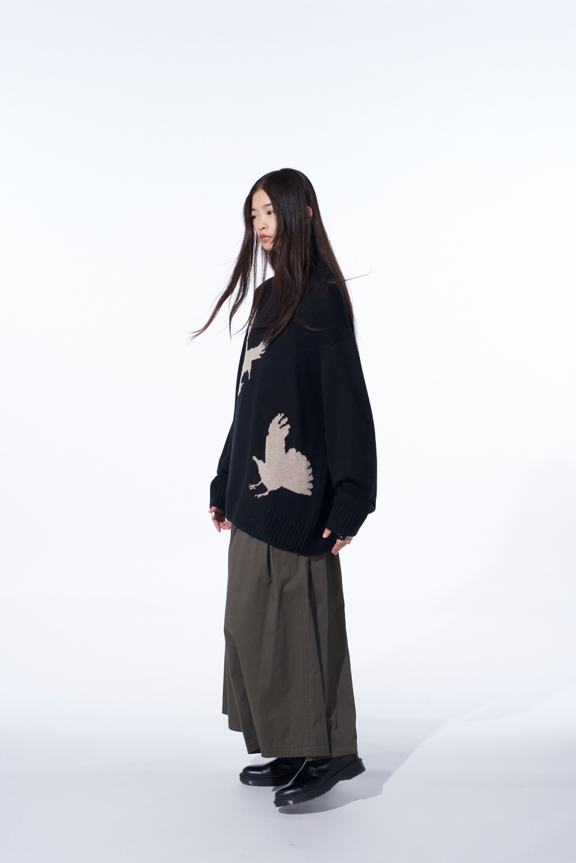 7G WOOL-BLEND INTARSIA CROW-PATTERN HIGH NECK KNIT