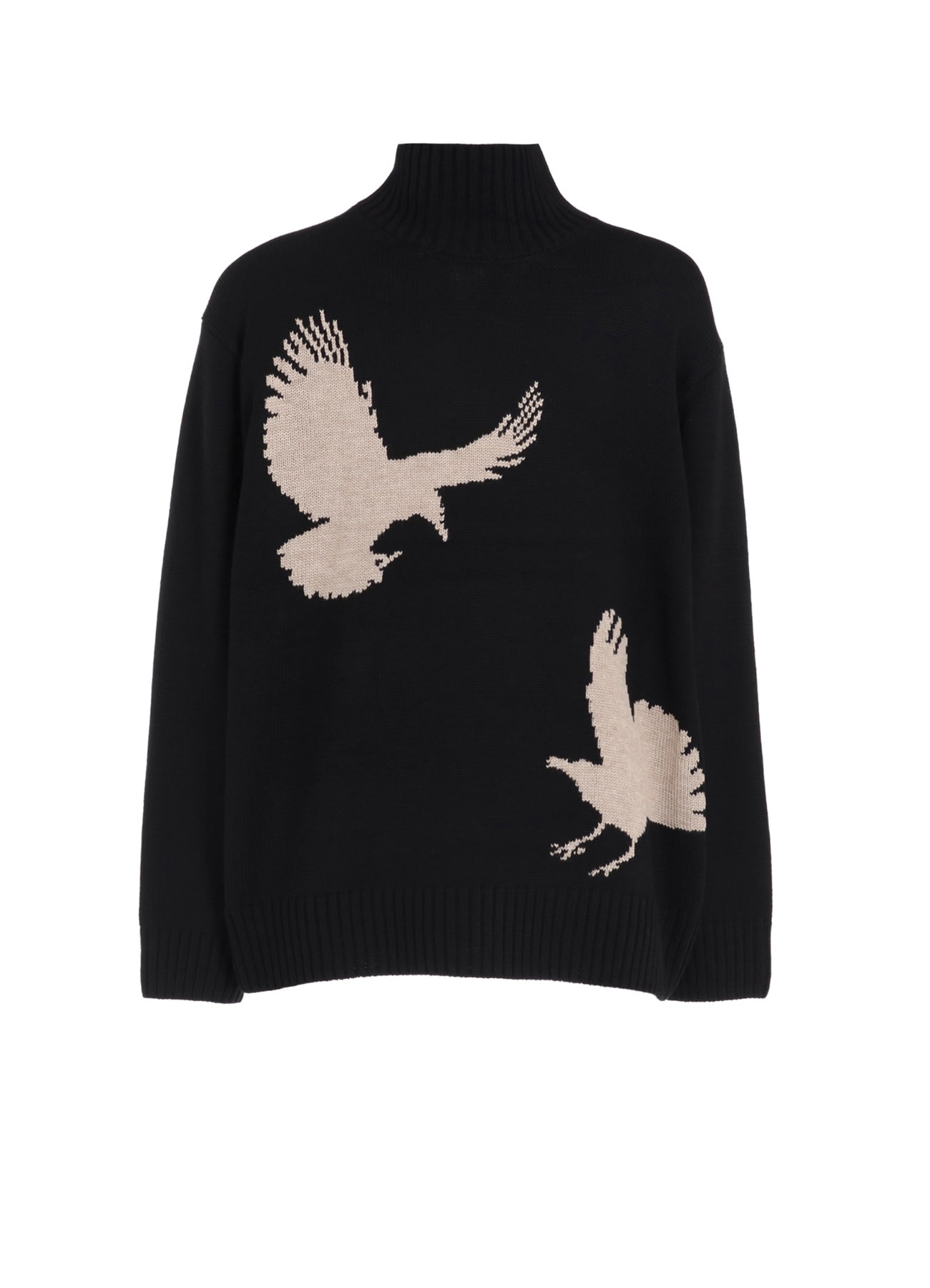 7G WOOL-BLEND INTARSIA CROW-PATTERN HIGH NECK KNIT