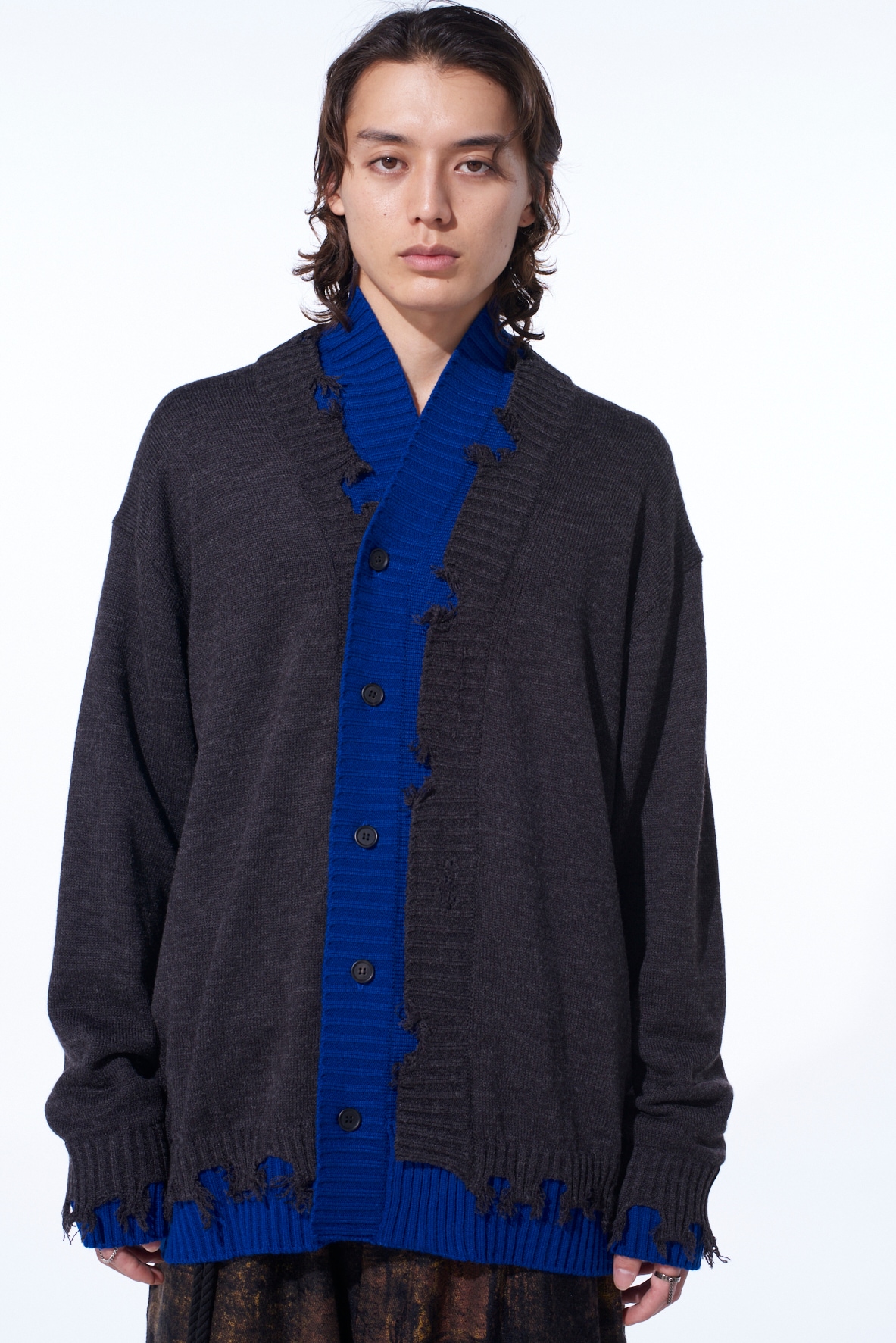 CORPILON BULKY WOOL COLOR-BLOCKED DAMAGE CARDIGAN