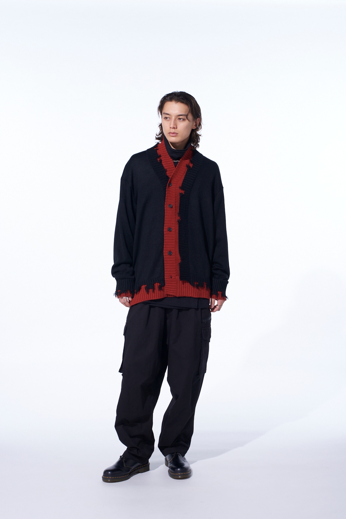CORPILON BULKY WOOL COLOR-BLOCKED DAMAGE CARDIGAN