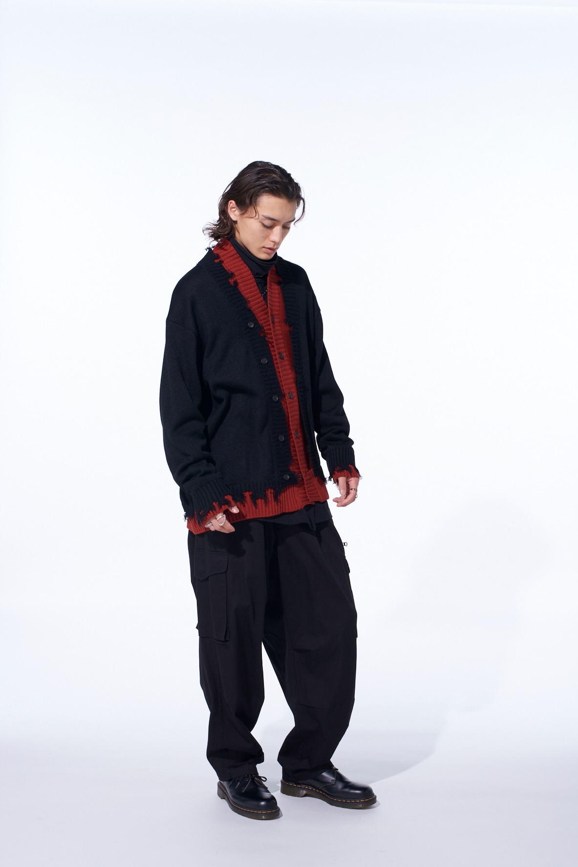 CORPILON BULKY WOOL COLOR-BLOCKED DAMAGE CARDIGAN