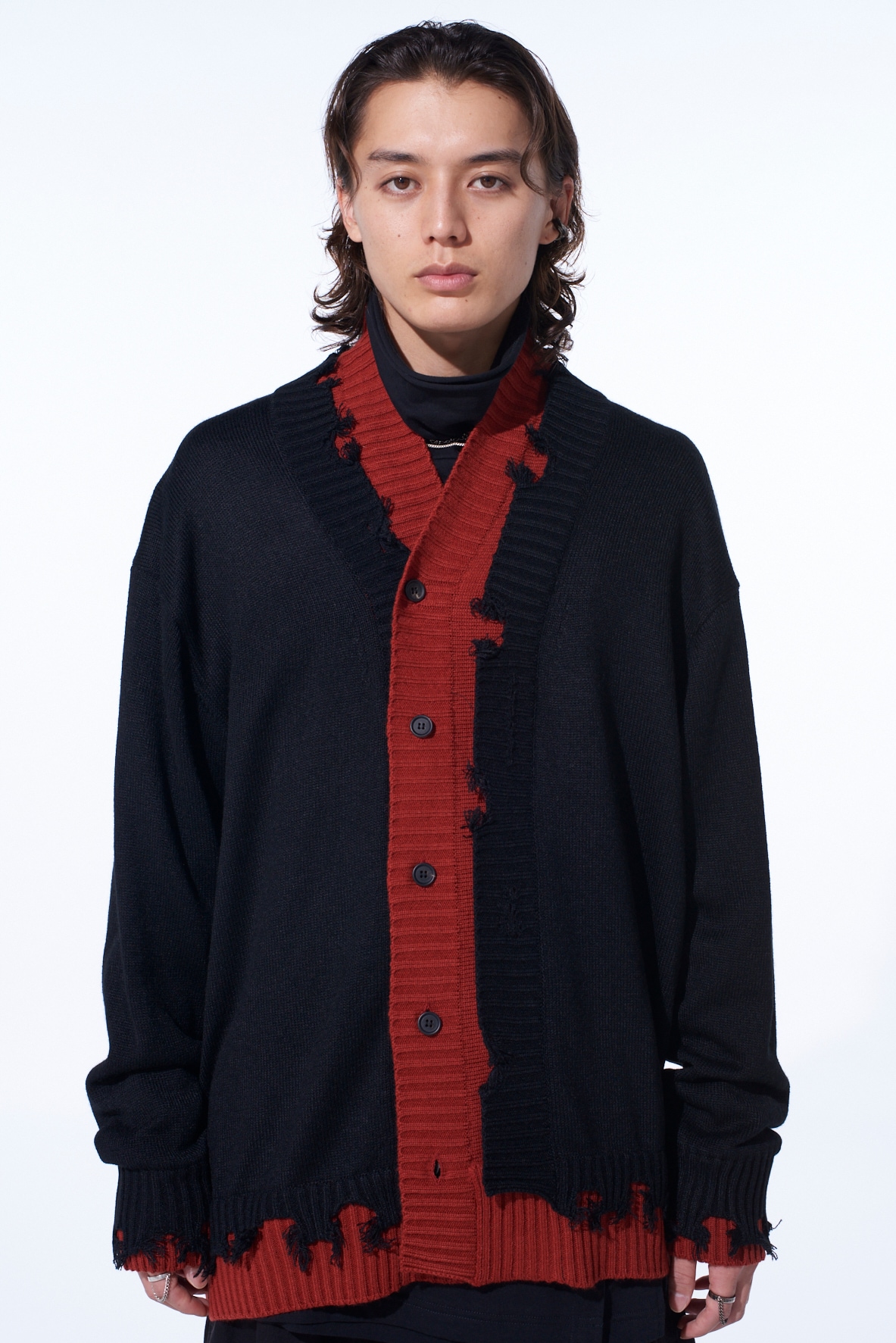 CORPILON BULKY WOOL COLOR-BLOCKED DAMAGE CARDIGAN