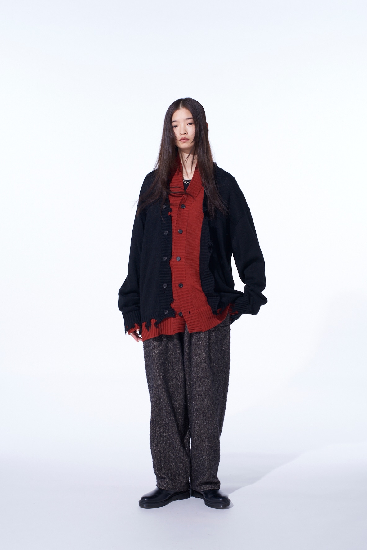 CORPILON BULKY WOOL COLOR-BLOCKED DAMAGE CARDIGAN