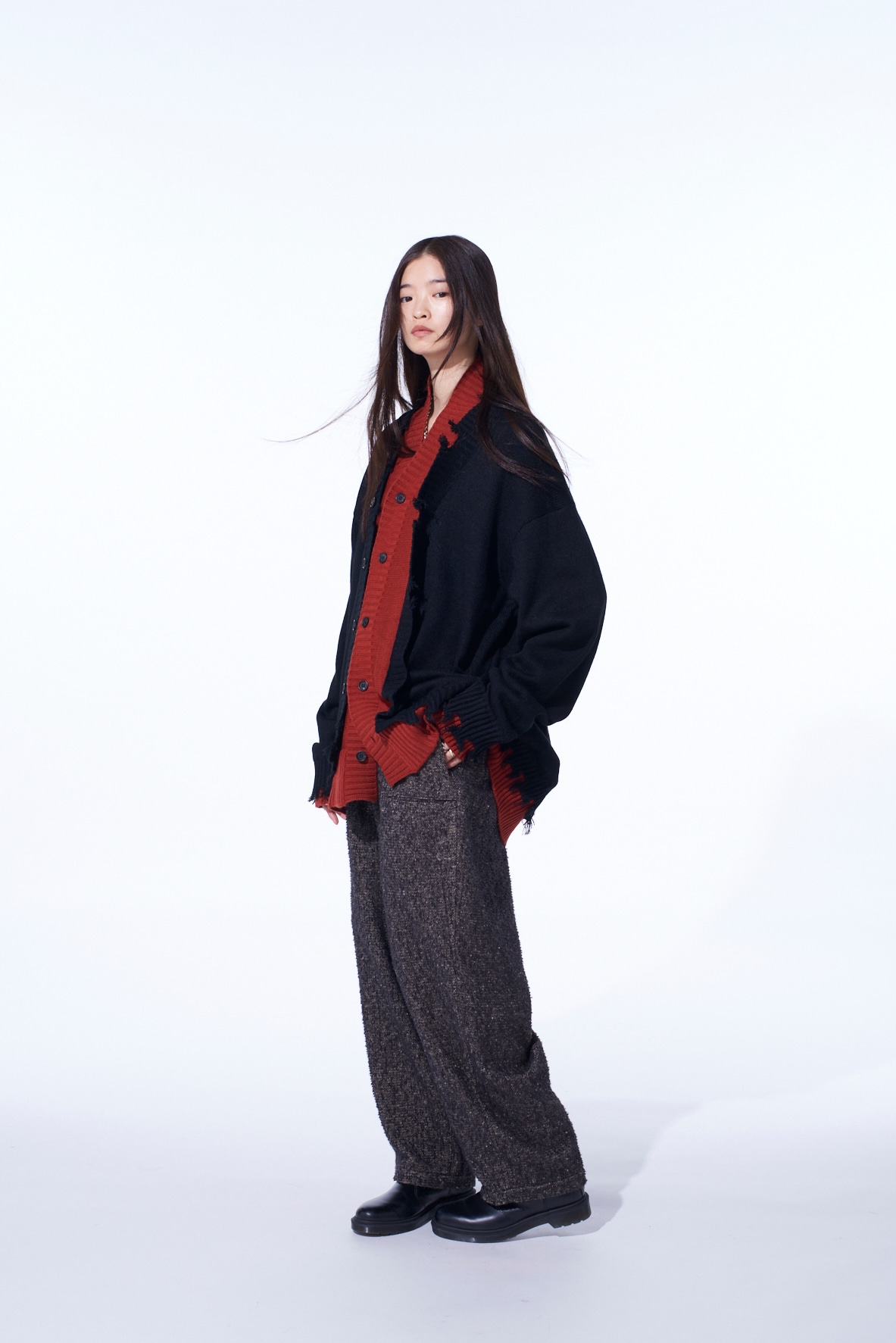 CORPILON BULKY WOOL COLOR-BLOCKED DAMAGE CARDIGAN
